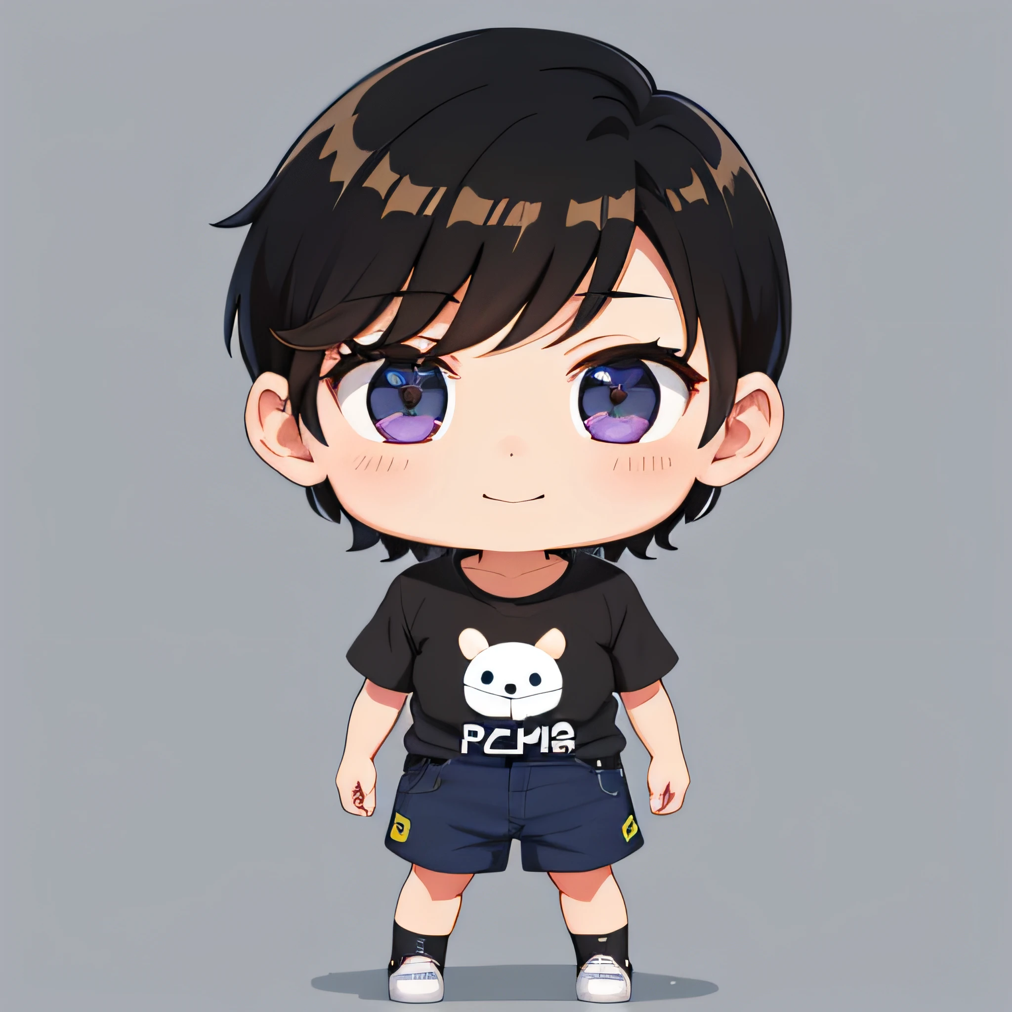 Brown hair、shoun、shoun,twinks、Very short、1 persons,short-haired, 独奏, (twitch emote:1), Chibi, Black eyes, comic strip, man、white backgrounid, a sticker, Thick black outline,、short-haired、、full body Esbian、Blue shorts、short-haired、Cool、Mini、Blue shorts、a black T-shirt、Purple Socks、Chibi Chara.Have a game、short-haired、Male child、with lig、gamer、A smile、action、Short