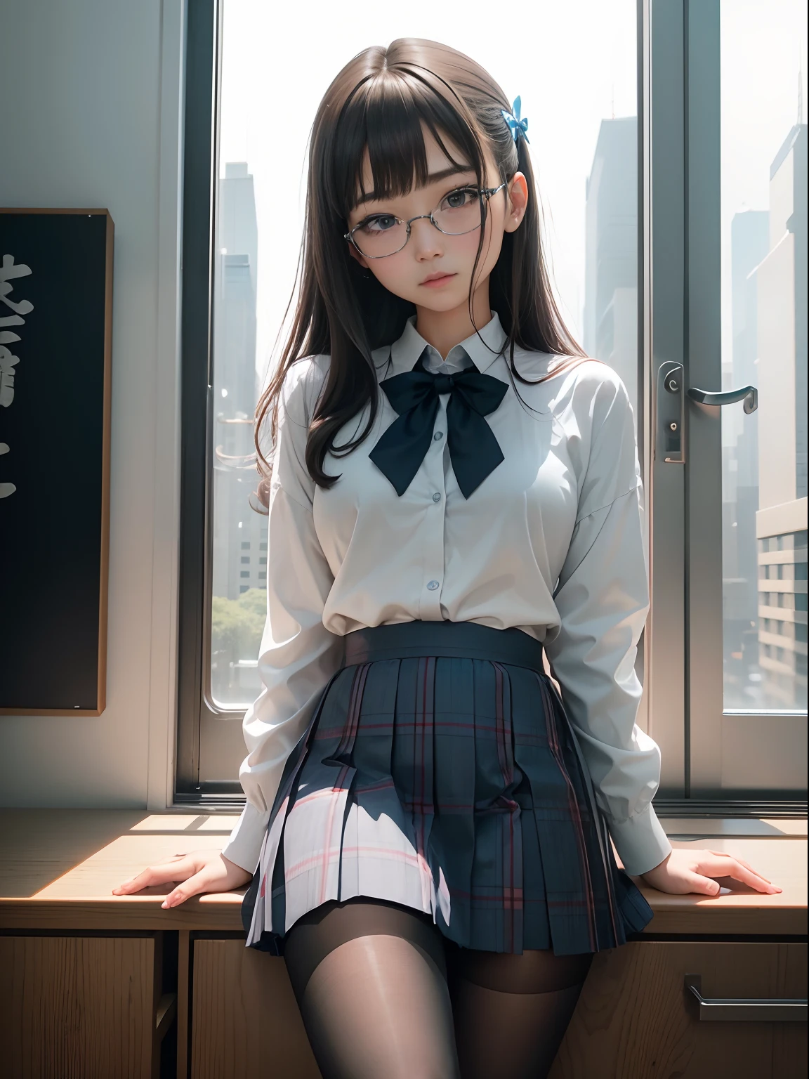 (8K、Raw photography、top-quality、masterpiece:1.2),watching at viewers,Looking at the front,side poneyTail,Bullish,Muchimuchi,Erotic,Pupils,Light Blue Bra,de pele branca,kne,(Black pantyhose),absurderes,a small face,small tits,flat breast,Parting the bangs from the middle、Forehead visible,(a cold expression,Tight eyes,glares,Bullish,skinny,Rasping,irate)、masterpiece,top-quality、超A high resolution,Raw photo,ren,Beautiful fece,One Person, 独奏,eye glass,,Dark look,Small breasts,fullllbody,Round glasses、cute little、Back to Student,JK school uniform,hi-school girl,A Japanese Lady,is standing,(Photorealsitic:1.37)、Photon mapping,Realistic、Cute little face,Brown-eyed、Black socks、(Red bow tie)、Radio City、Physically Based Rendering、Foreground、depth of fields、Blurry background、a picture,The girls、Body,beauty legs, Long legs, Thin leg,Tie your hair into one strand on your chest,(Bangs are visible), hair, s lips, Blue_The eye, nosesoft,(Light blue shirt), (Navy and blue and white plaid pleated skirt), Knees are visible,Sheer clothing,, Thigh, Black cotton socks,Nogizaka Idol, 女優, Japanese ido