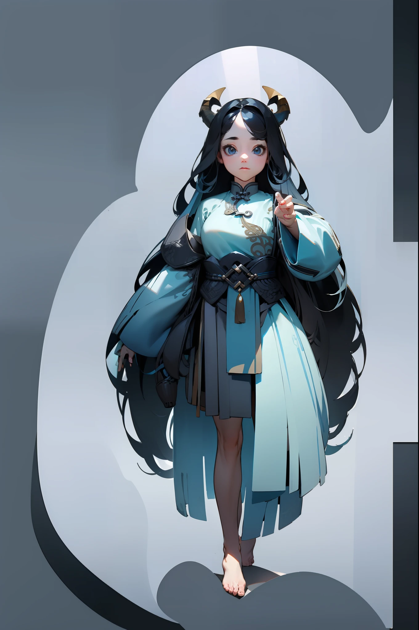 masterpiece, best quality,8k, perfect face, expressive eyes, (full body:1.2), 1girl, (parted bangs), ocean theme, intricate design, fantasy, cute, reference sheet, long hair, chinese, horns, female focus, (adoptable character:1.0), simple background, solo