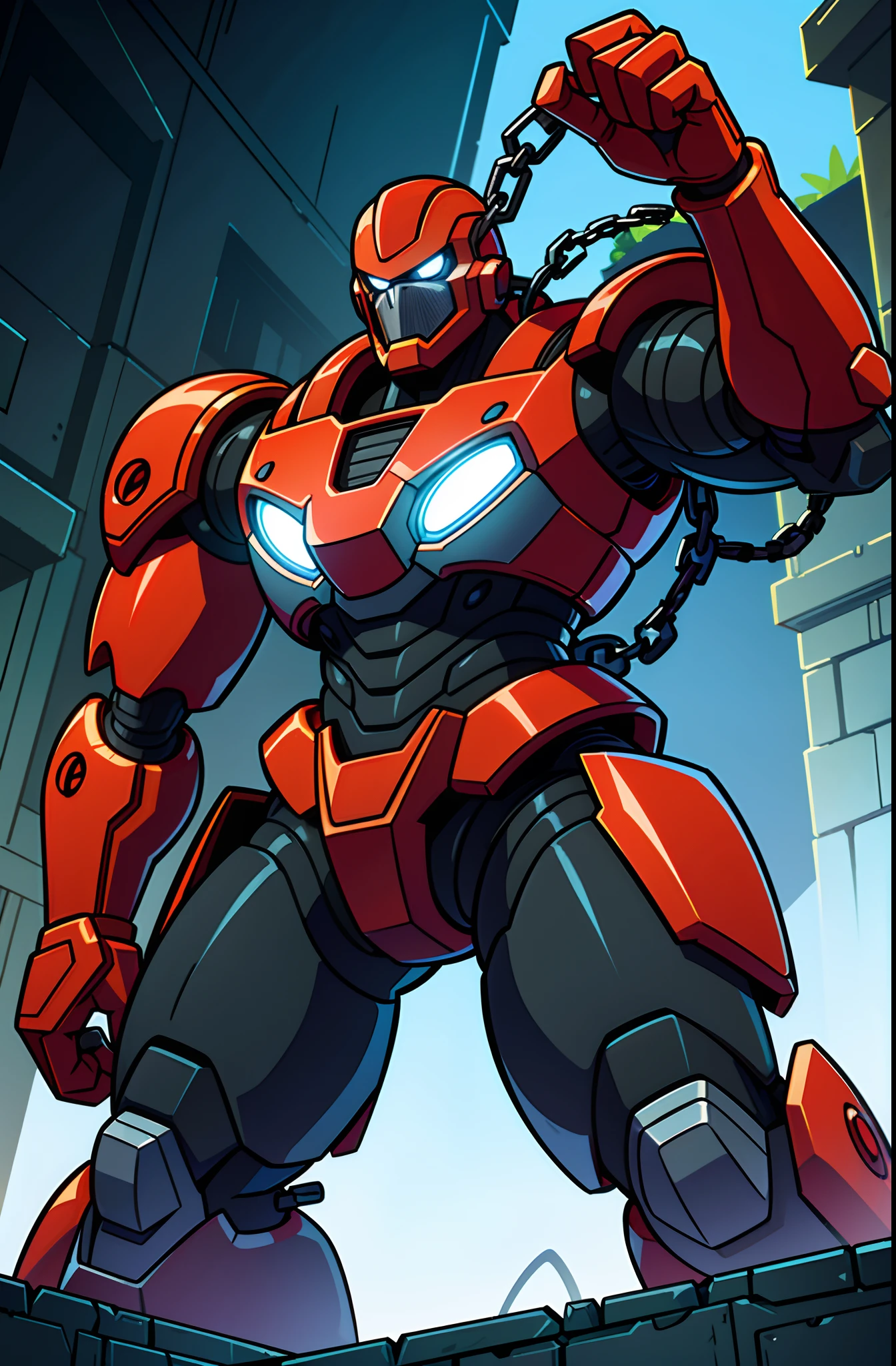 Dark_Fantasy,Cyberpunk,(chain saw,chain saw man,Red:1.1),1man,Mechanical marvel,Robotic presence,Cybernetic guardian, wearing a worn-out mech suit, intricate, (steel metal [rusty]), elegant, clear focus, shot by greg rutkowski, soft lighting, vibrant colors, masterpiece, ((street)), cowboy shot, dynamic pose,