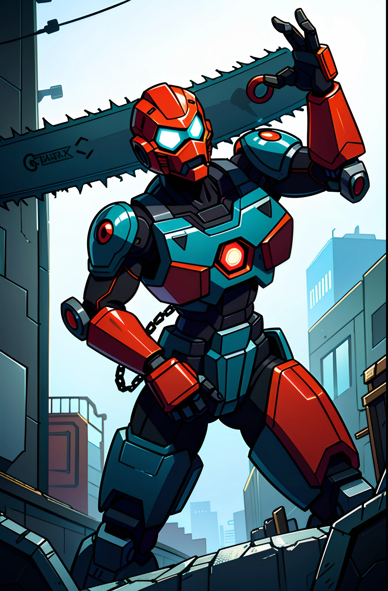 Dark_Fantasy,Cyberpunk,(chain saw,chain saw man,Red:1.1),1man,Mechanical marvel,Robotic presence,Cybernetic guardian, wearing a worn-out mech suit, intricate, (steel metal [rusty]), elegant, clear focus, shot by greg rutkowski, soft lighting, vibrant colors, masterpiece, ((street)), cowboy shot, dynamic pose,