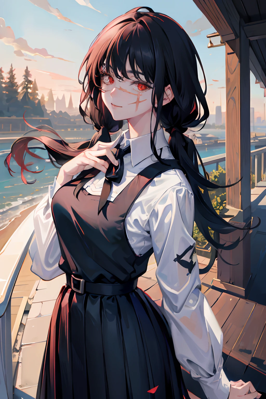 (masterpiece, best quality), illustration, yoru, 1girl, long hair, red eyes, scar on face, scar on nose, ringed eyes, pinafore dress, black belt, black ribbon, smile, looking at viewer, school corridor, black hair, low twintails, pastel, hair over shoulder, cowboy shot