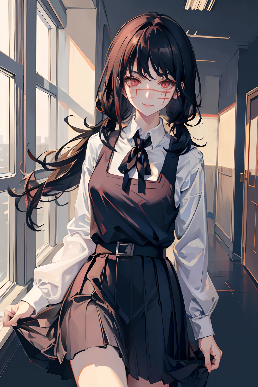 (masterpiece, best quality), illustration, yoru, 1girl, long hair, red eyes, scar on face, scar on nose, ringed eyes, pinafore dress, black belt, black ribbon, smile, looking at viewer, school corridor, black hair, low twintails, pastel, hair over shoulder, cowboy shot