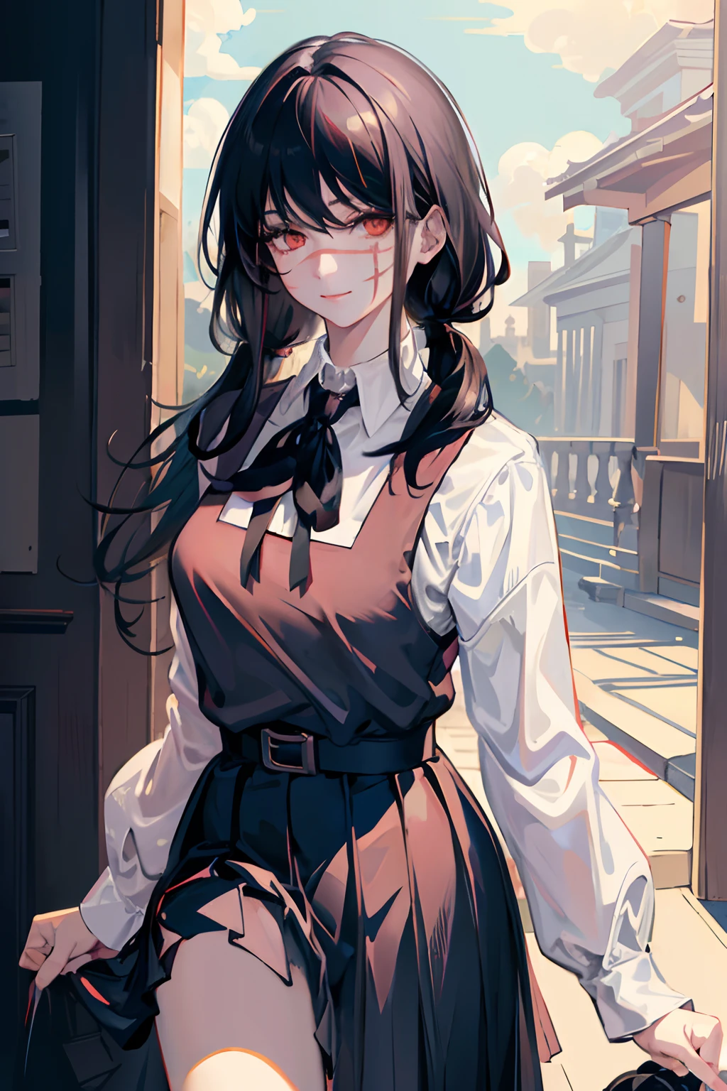 (masterpiece, best quality), illustration, yoru, 1girl, long hair, red eyes, scar on face, scar on nose, ringed eyes, pinafore dress, black belt, black ribbon, smile, looking at viewer, school corridor, black hair, low twintails, pastel, hair over shoulder, cowboy shot