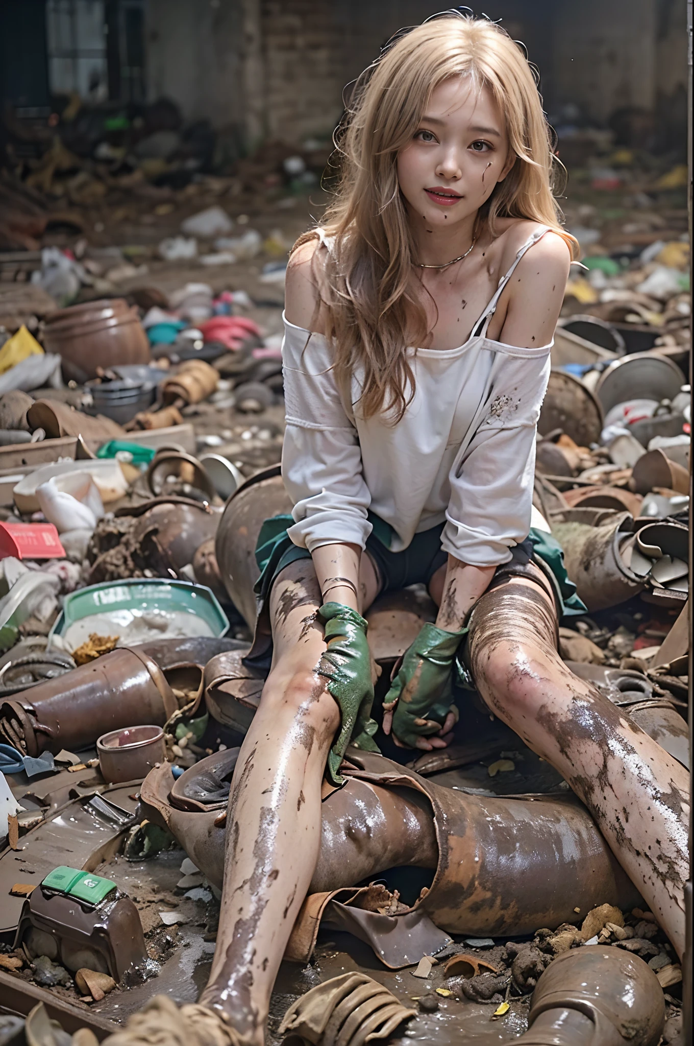 Sitting on the podium of an abandoned classroom with your legs spread out, full of garbage, dirty, pee, garbage, masterpiece, best quality, highly detailed, broken white transparent bikini, sloppy, abandoned, masterpiece, best quality, a Korean beauty, extreme picture quality