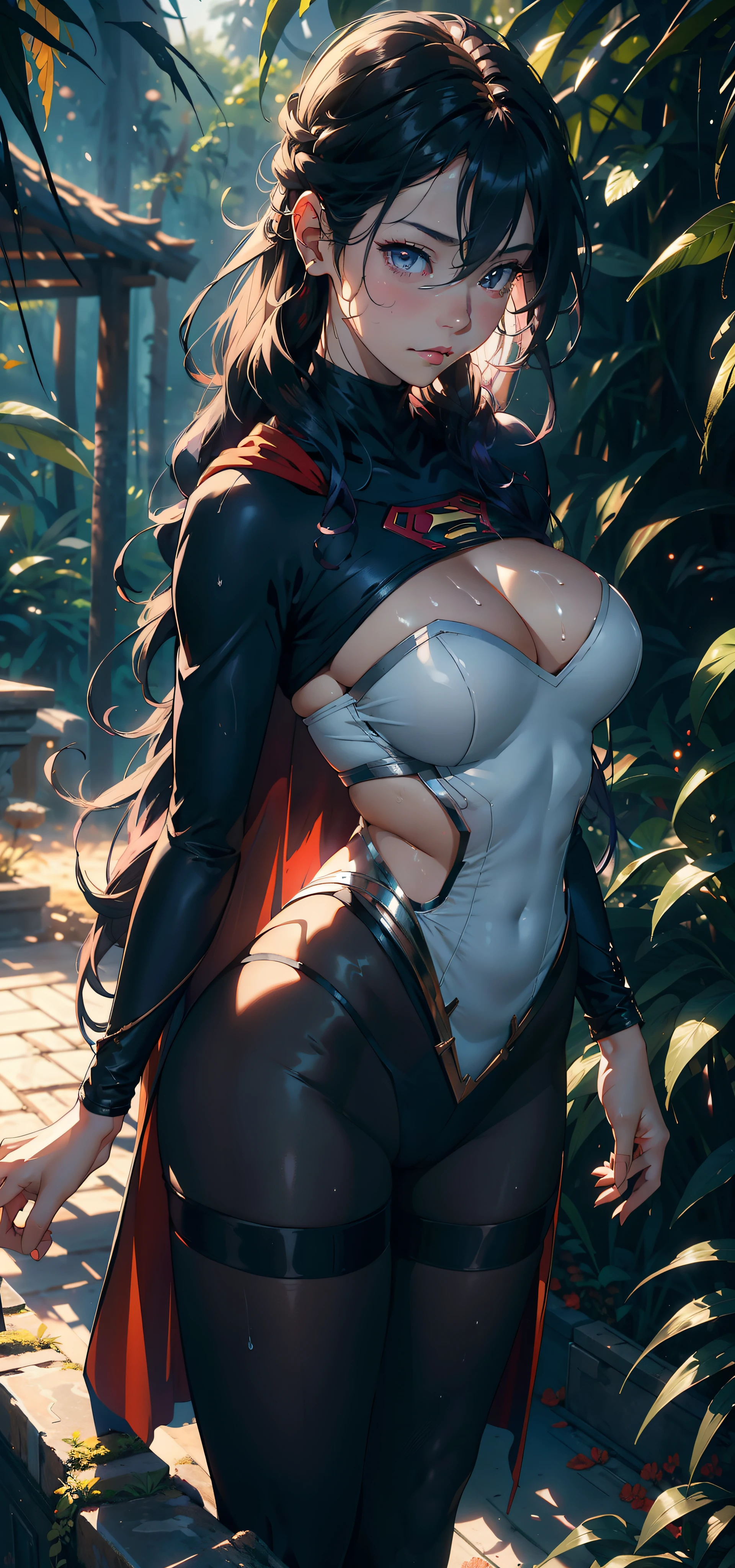 1female,25 age old,Large ,long leges,Big breaist,Pornographic expos独奏,(Background with:ln the forest,the rainforest,in summer) She has long purple hair,standing on your feet,Sweat profusely,drenched all over the body,seen from the front, curlies, mostly cloudy sky,(((tmasterpiece),(Very detailed CG unity 8K wallpaper),best qualtiy,cinmatic lighting,detailed back ground,beatiful detailed eyes,Bright pupils,(Very fine and beautiful),(Beautiful and detailed eye description),ultra - detailed,tmasterpiece,)),facing at camera,A high resolution,ultra - detailed),revealing breasts,Bare genitalia,Camel toes,Raised sexy,Flushedon,Open-mouthed,frage,Supergirl(Wearing:cloaks,Superman uniform,Pantyhose)nakeness,high-heels