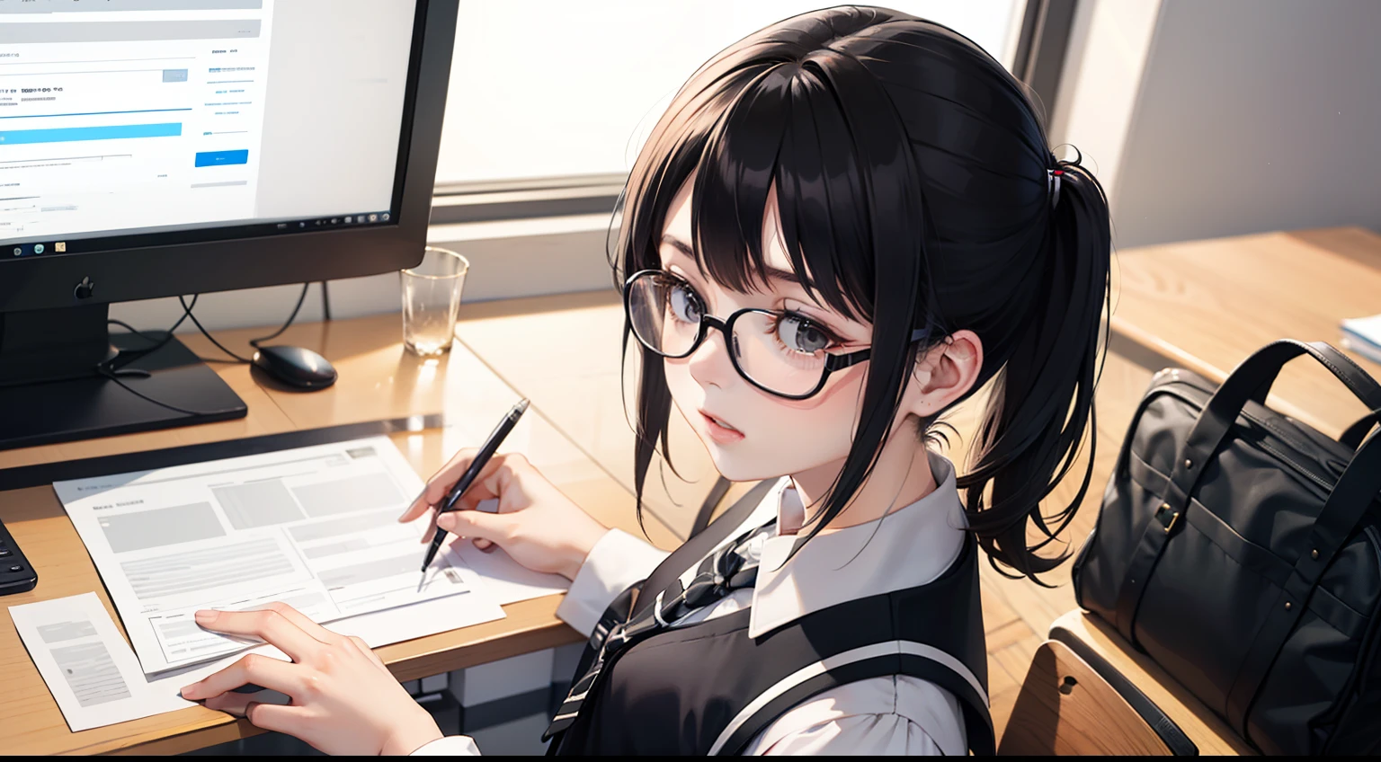 upper body 1girl, student, black hair, black eyes, crossed hairpin, wearing a white school uniform with a black collar, black tie, carrying a schoolbag, wearing glasses, typing keyboard, desktop computer, in office