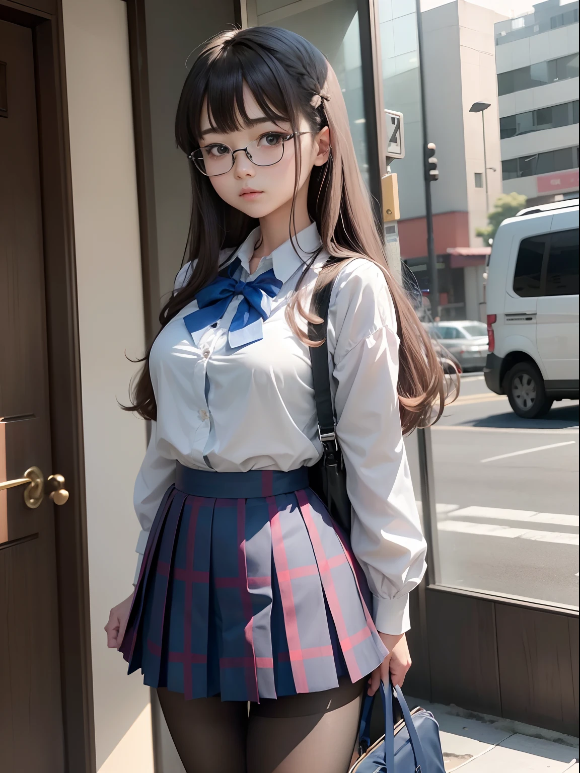 (8K、Raw photography、top-quality、masterpiece:1.2),watching at viewers,Looking at the front,side poneyTail,Bullish,Muchimuchi,Erotic,Pupils,Light Blue Bra,de pele branca,kne,(Black pantyhose),absurderes,a small face,small tits,flat breast,Parting the bangs from the middle、Forehead visible,(a cold expression,Tight eyes,glares,Bullish,skinny,Rasping,irate)、masterpiece,top-quality、超A high resolution,Raw photo,ren,Beautiful fece,One Person, 独奏,eye glass,,Dark look,Small breasts,fullllbody,Round glasses、cute little、Back to Student,JK school uniform,hi-school girl,A Japanese Lady,is standing,(Photorealsitic:1.37)、Photon mapping,Realistic、Cute little face,Brown-eyed、Black socks、(Red bow tie)、Radio City、Physically Based Rendering、Foreground、depth of fields、Blurry background、a picture,The girls、Body,beauty legs, Long legs, Thin leg,Tie your hair into one strand on your chest,(Bangs are visible), hair, s lips, Blue_The eye, nosesoft,(Light blue shirt), (Navy and blue and white plaid pleated skirt), Knees are visible,Sheer clothing,, Thigh, Black cotton socks,Nogizaka Idol, 女優, Japanese ido