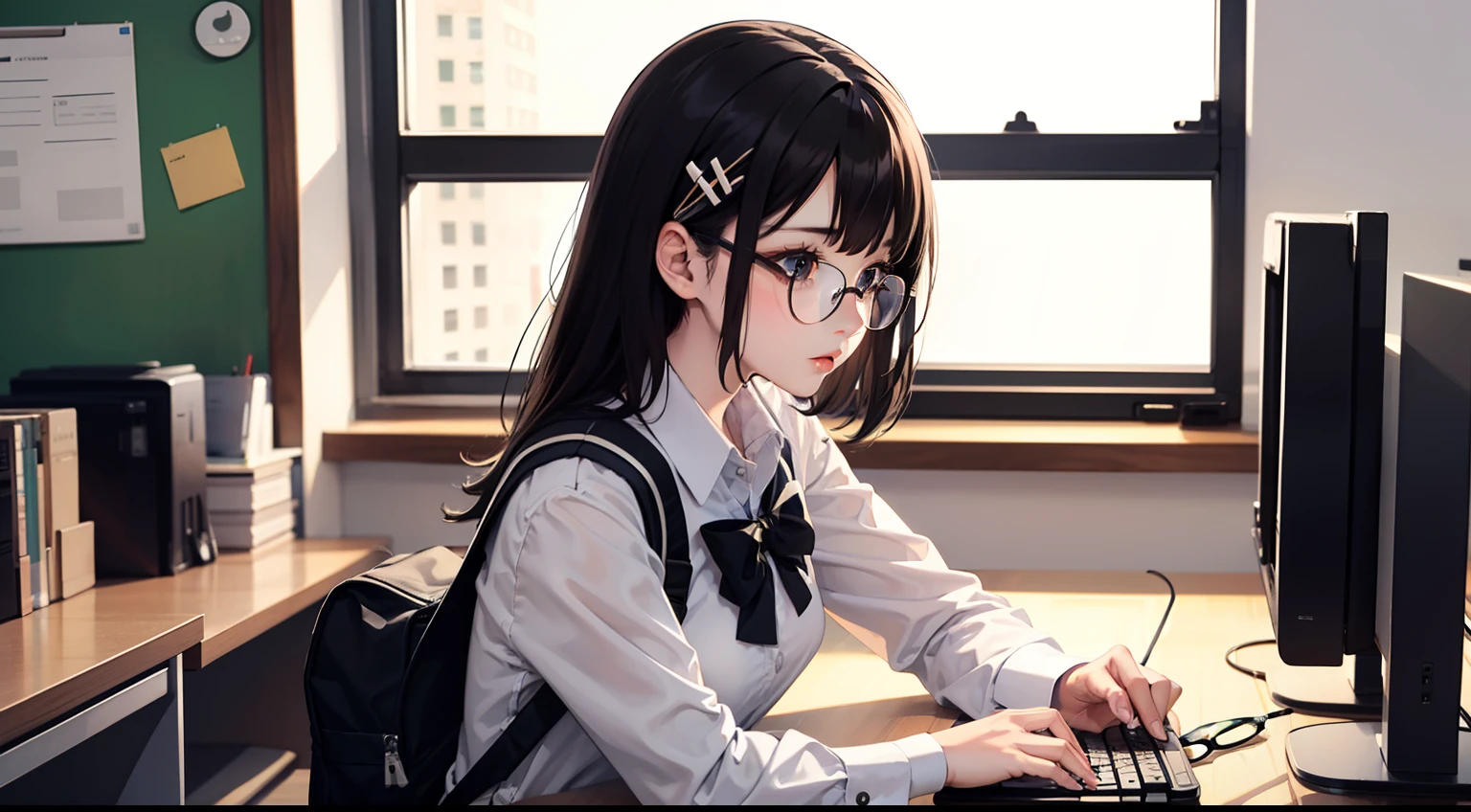 upper body
1girl, student, black hair, black eyes, crossed hairpin, wearing a white school uniform with a black collar, black tie, carrying a schoolbag, wearing glasses,
typing keyboard, desktop computer, in office