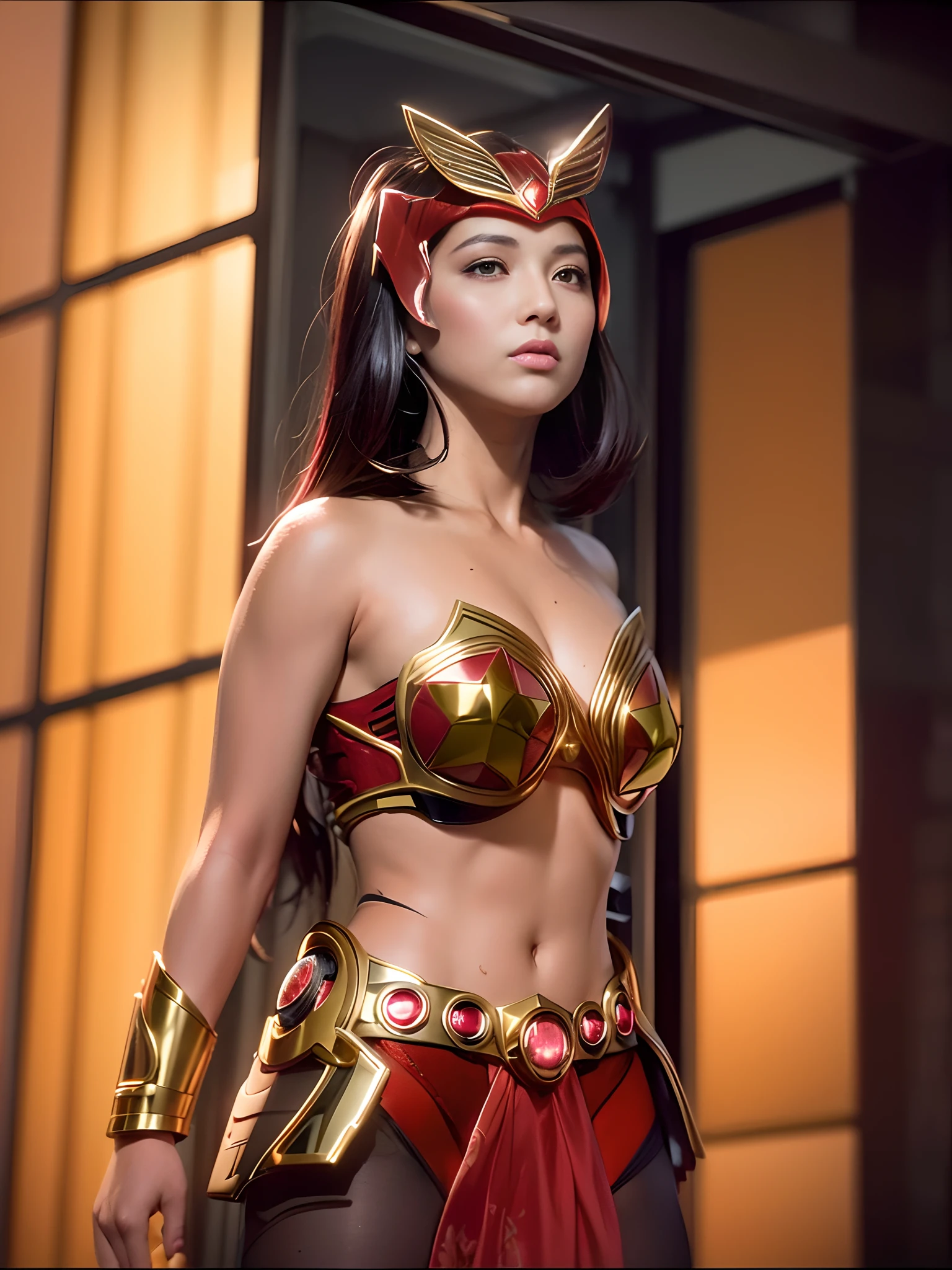 (( gold star on bra )) (( red gems on belt )) (( red panty )) modern Darna by Mars Ravelo, the iconic Filipino woman superhero, taking flight in a medium full shot. Her red and gold Darna costume shines brilliantly in the sunlight. Intricate gold star designs adorn each cup of her red bra, hinting at her cosmic prowess. A delicate gold wing rests on her forehead, accentuating her vibrant red hair cap. The dynamic pose captures both strength and elegance, embodying her determination and valor. Develop the scene further by envisioning the cityscape beneath her, bathed in the warm hues of the setting sun. The lighting conditions simulate the golden hour, casting a soft, ethereal glow. Photo taken by Lara Jade with a Nikon D850 and a 50mm lens. Award Winning Photography style, cinematic lighting. 8K, Ultra-HD, Super-Resolution.