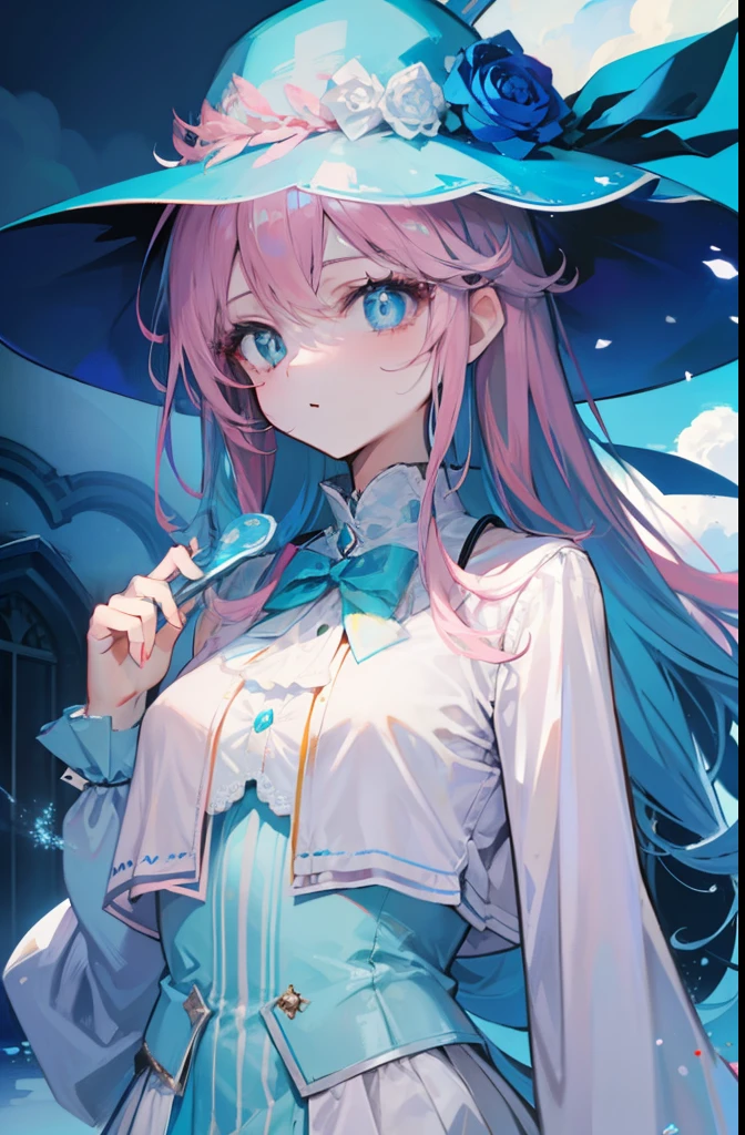 light pink colored hair，Powder-blue pupils，Light sky blue magic hat，Powder, Blue and white clothes，Fair and flawless sweet girl