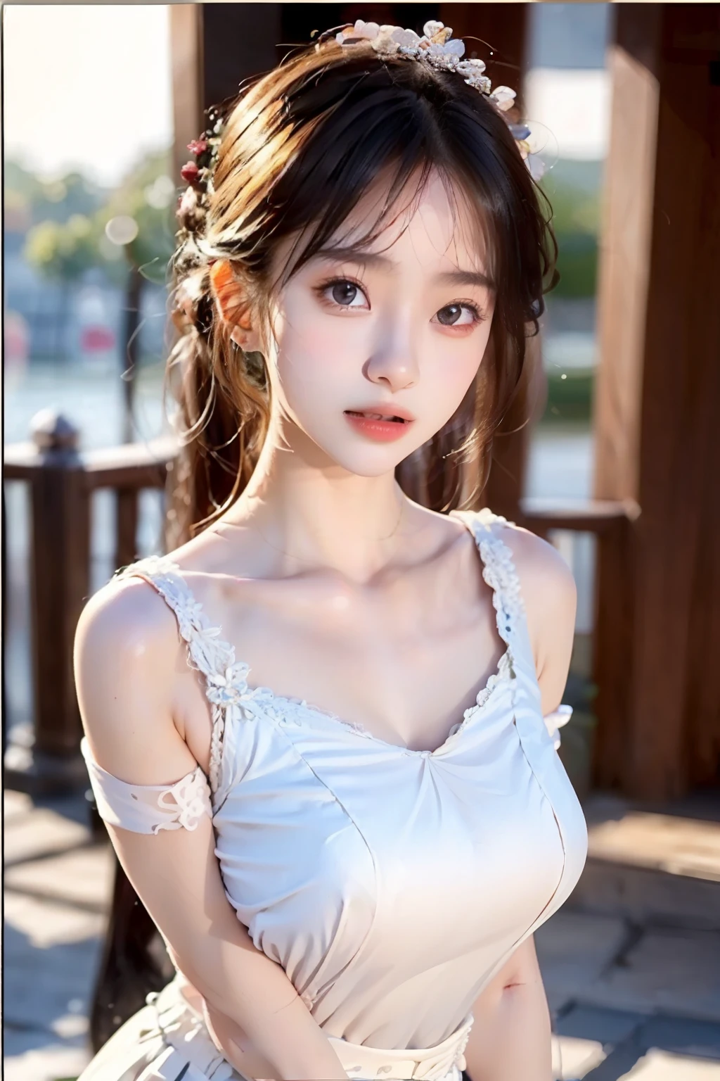 tmasterpiece,best qualtiy,(realisticlying,photo-realistic:1.37),16k,an extremely delicate and beautiful,astounding,finedetail,offcial art,absurderes,Incredibly Ridiculous res,hugefilesize,ultra - detailed,extremely detaile,Beautiful Meticulous Girl,1girll,(perfect female shape),full bodyesbian,short skirt,short detailed hair,Peaceful street,huge tit,White suspenders,facing at camera,up-close