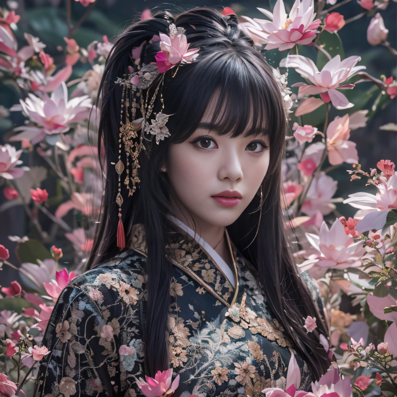 32K(tmasterpiece,k hd,hyper HD,32K)Long flowing black hair,ponds,zydink, a color, Asian people (Silly girl), (Silk scarf), Combat posture, looking at the ground, long whitr hair, Floating hair, Carp pattern headdress, Chinese long-sleeved clothing, (abstract ink splash:1.2), Pink petal background,Pink and white lotus flowers fly(realisticlying:1.4),Black color hair,Fallen leaves flutter,The background is pure, A high resolution, the detail, RAW photogr, Sharp Re, Nikon D850 Film Stock Photo by Jefferies Lee 4 Kodak Portra 400 Camera F1.6 shots, Rich colors, ultra-realistic vivid textures, Dramatic lighting, Unreal Engine Art Station Trend, cinestir 800,Long flowing black hair