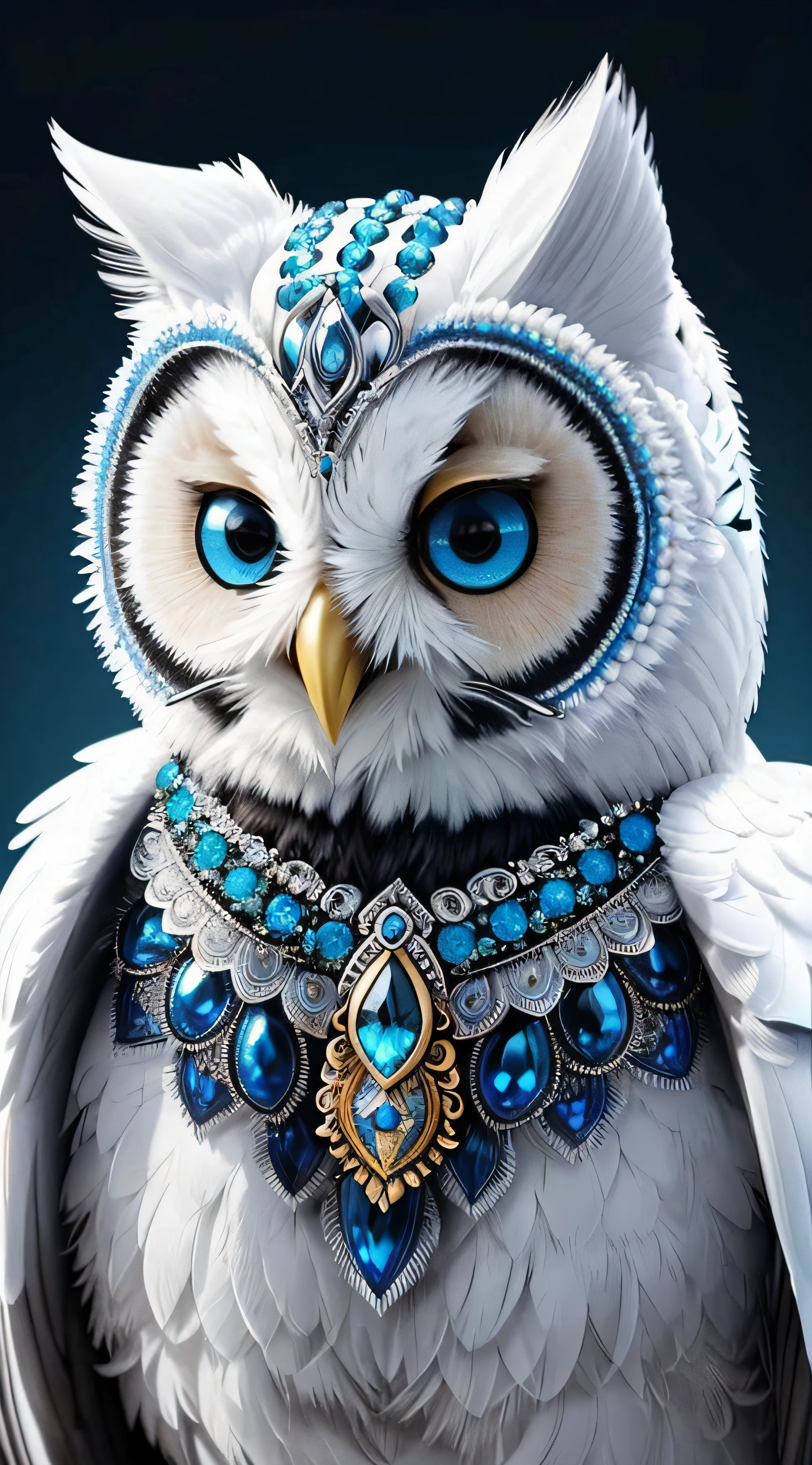 um close up de uma coruja branca com olhos azuis e um colar, Animais bonitos detalhados, Coruja Radiante, assistente coruja, coruja branca brilhante, beautiful animal pearl queen, hyperrealistic robot owl, com lindos olhos detalhados, coruja bonito, 8k arte detalhada de alta qualidade, the wisest of all owls, jewelries, coruja incandescente, arte digital detalhada bonito