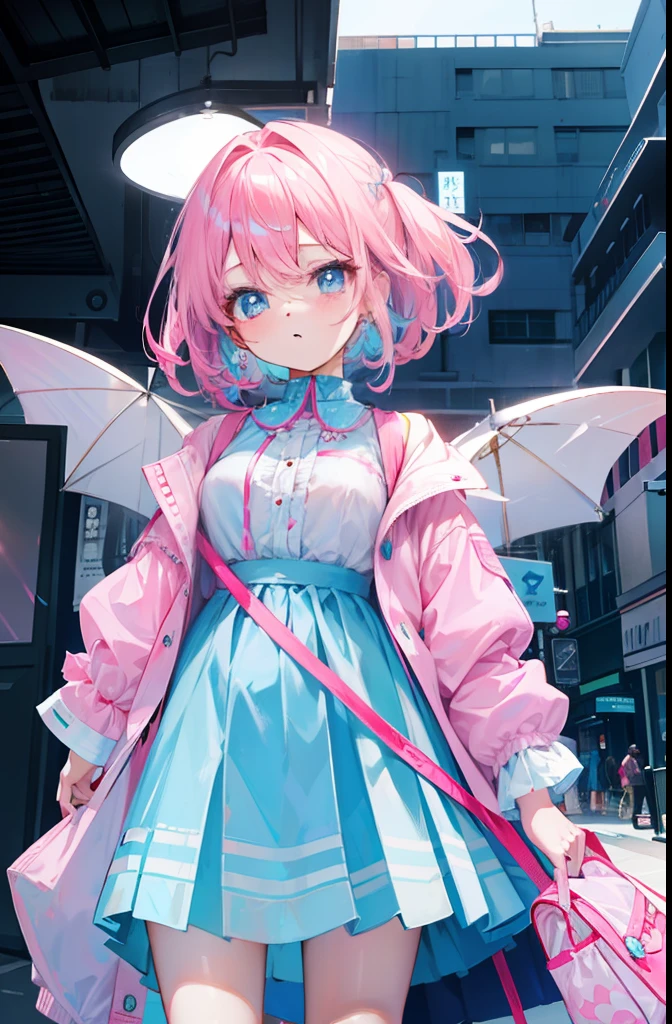 light pink colored hair,Powder-blue pupils,Clothes with pink and blue patterns,Fair and flawless sweet girl