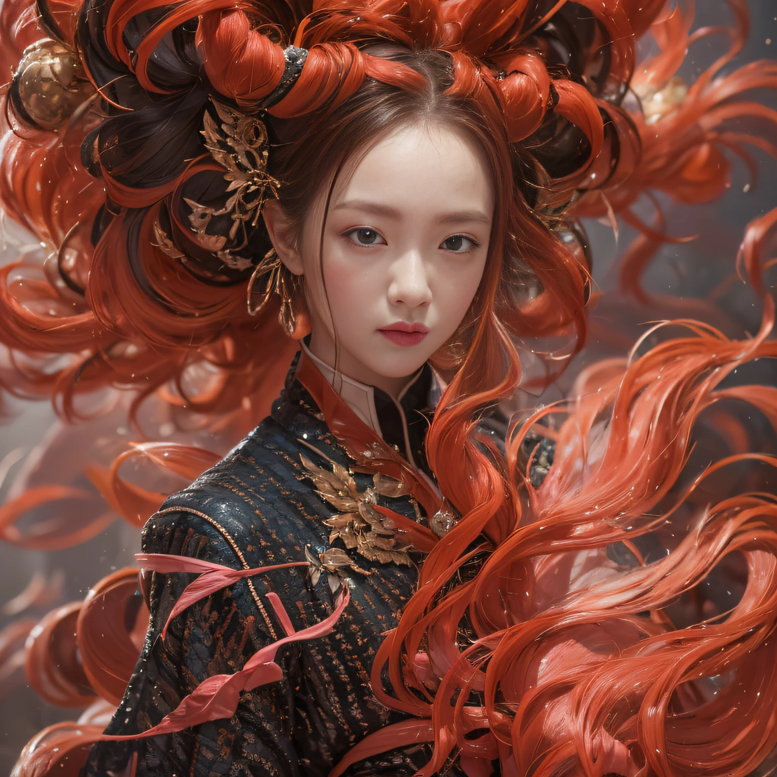 32K(tmasterpiece,k hd,hyper HD,32K)Large curls,Flowing rouge,ponds,zydink, a color, Asian people (Silly girl), (Silk scarf), Combat posture, looking at the ground, Large rolls of rouge, Flowing rouge curls,Red onyx emerald emerald headdress, Chinese long-sleeved black gold garment, (abstract ink splash:1.2), Pink lotus background,Water lily flower protector(realisticlying:1.4),Rouge hair,Autumn is in full swing,The background is pure, A high resolution, the detail, RAW photogr, Sharp Re, Nikon D850 Film Stock Photo by Jefferies Lee 4 Kodak Portra 400 Camera F1.6 shots, Rich colors, ultra-realistic vivid textures, Dramatic lighting, Unreal Engine Art Station Trend, cinestir 800,Large curls,Flowing rouge