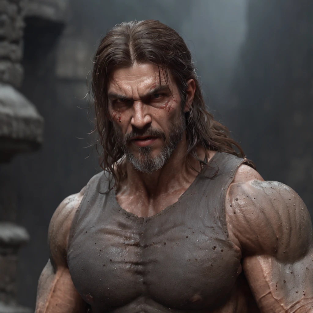 (professional 3d render:1.3) af (Realistic:1.3) most beautiful artwork photo in the world,Features soft and shiny male heroes, ((Epic hero fantasy muscle man rough wet hero angry look long hair short beard and ferocious expression in dynamic pose, Fantastic location, Majestic cluttered environment)), full body 8k unity render, action shot, skin pore, very dark lighting, heavyshading, Detailed, Detailed face, (vibrant, photograph realistic, Realistic, Dramatic, Dark, Sharp focus, 8K), (Old leather garments damaged by weathering:1.4), ((((Wear fur)))), (Intricate:1.4), decadent, (Highly detailed:1.4), Digital painting, rendering by octane, art stations, concept-art, smooth, Sharp focus, illustration, Art germ, (loish:0.23), wlop ilya kuvshinov, and greg rutkowski and alphonse mucha gracias, (Global illumination, Studio light, volumettic light), heavy rain, particles floating, lotr, fantasy, elf, full bodyesbian, ((Dark and ancient city background:1.3)),CGSesociety,art stations