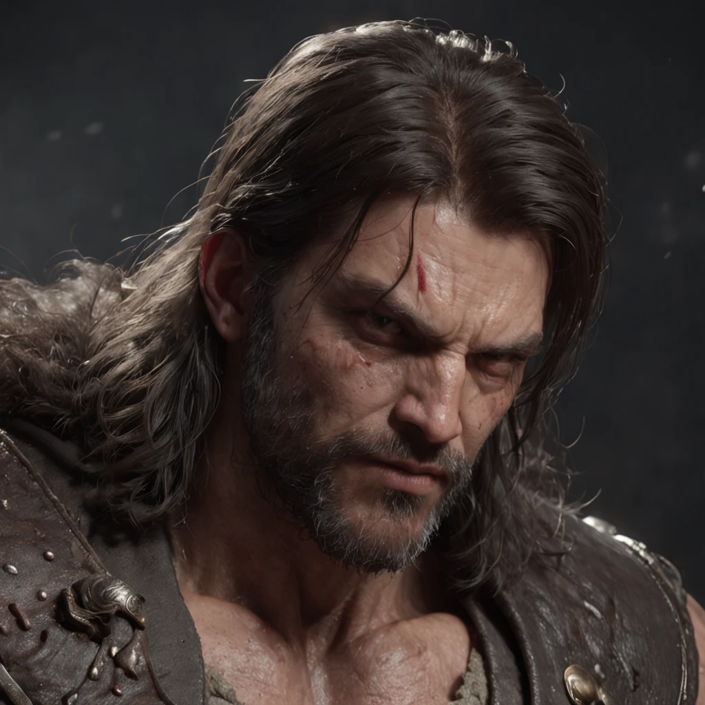(professional 3d render:1.3) af (Realistic:1.3) most beautiful artwork photo in the world,Features soft and shiny male heroes, ((Epic hero fantasy muscle man rough wet hero angry look long hair short beard and ferocious expression in dynamic pose, Fantastic location, Majestic cluttered environment)), full body 8k unity render, action shot, skin pore, very dark lighting, heavyshading, Detailed, Detailed face, (vibrant, photograph realistic, Realistic, Dramatic, Dark, Sharp focus, 8K), (Old leather garments damaged by weathering:1.4), ((((Wear fur)))), (Intricate:1.4), decadent, (Highly detailed:1.4), Digital painting, rendering by octane, art stations, concept-art, smooth, Sharp focus, illustration, Art germ, (loish:0.23), wlop ilya kuvshinov, and greg rutkowski and alphonse mucha gracias, (Global illumination, Studio light, volumettic light), heavy rain, particles floating, lotr, fantasy, elf, full bodyesbian, ((Dark and ancient city background:1.3)),CGSesociety,art stations