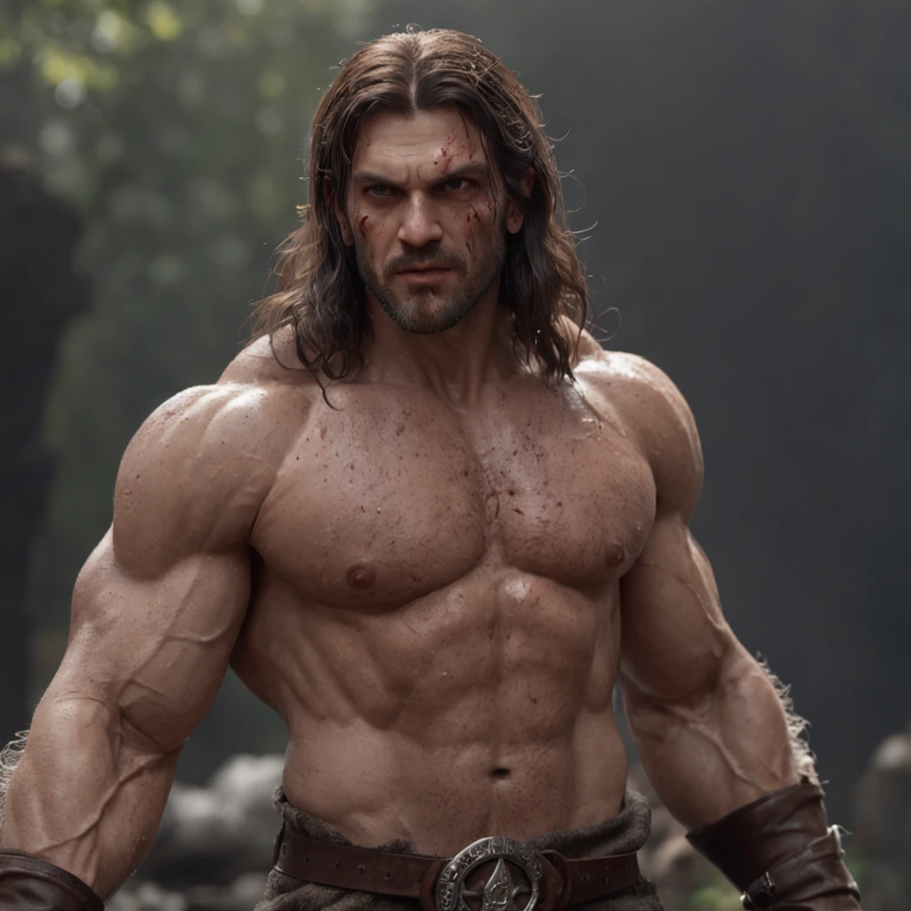 (professional 3d render:1.3) af (Realistic:1.3) most beautiful artwork photo in the world,Features soft and shiny male heroes, ((Epic hero fantasy muscle man rough wet hero angry look long hair short beard and ferocious expression in dynamic pose, Fantastic location, Majestic cluttered environment)), full body 8k unity render, action shot, skin pore, very dark lighting, heavyshading, Detailed, Detailed face, (vibrant, photograph realistic, Realistic, Dramatic, Dark, Sharp focus, 8K), (Old leather garments damaged by weathering:1.4), ((((Wear fur)))), (Intricate:1.4), decadent, (Highly detailed:1.4), Digital painting, rendering by octane, art stations, concept-art, smooth, Sharp focus, illustration, Art germ, (loish:0.23), wlop ilya kuvshinov, and greg rutkowski and alphonse mucha gracias, (Global illumination, Studio light, volumettic light), heavy rain, particles floating, lotr, fantasy, elf, full bodyesbian, ((Dark and ancient city background:1.3)),CGSesociety,art stations