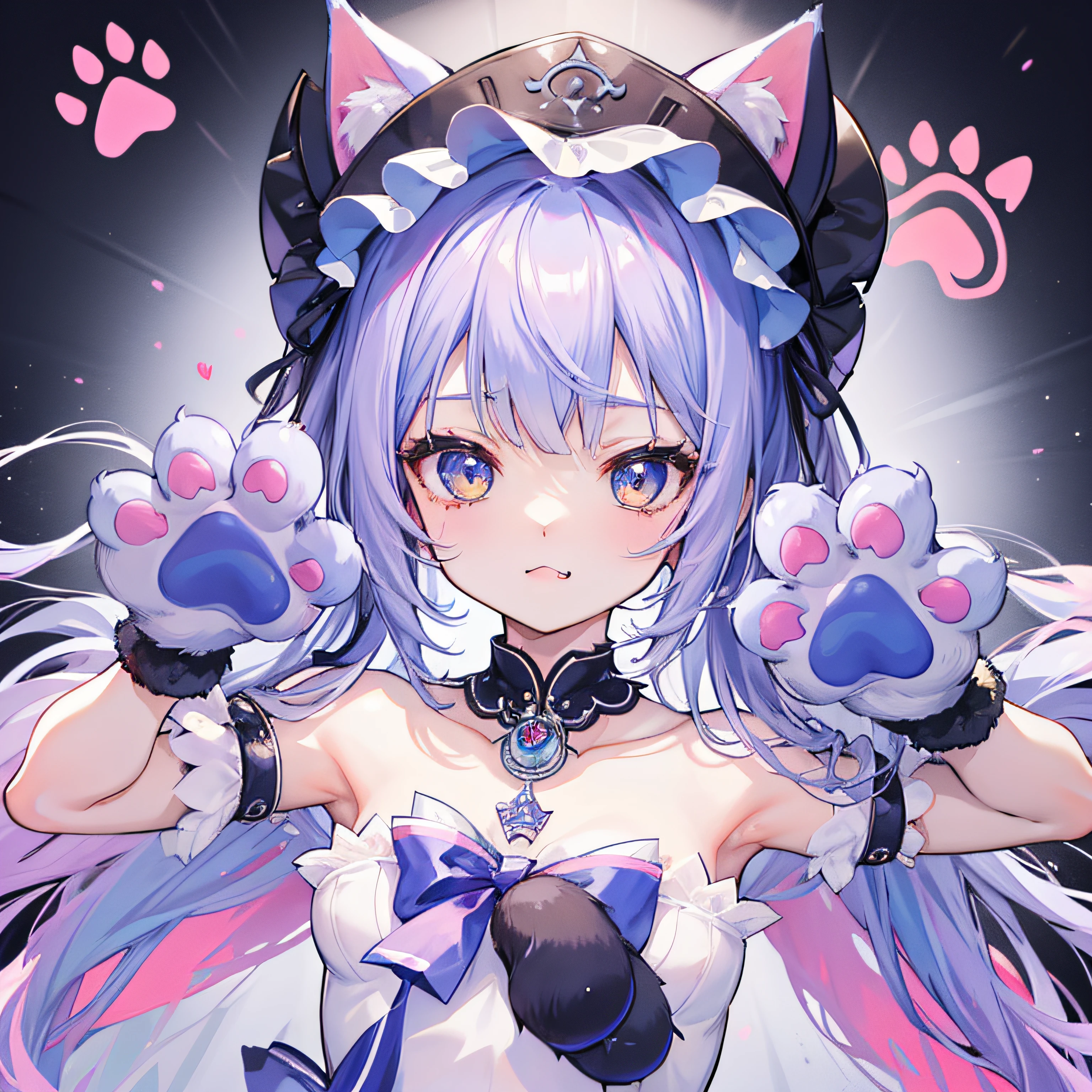 Masterpiece of、top-quality、:P、tusk、:3、Cats、wetted skin、kirakira、Open your mouth wide、heart mark、Full of love、(animal cat ear headwear:1.2), (animal hands paw gloves:1.4), Cat (paw print)、、excited、The upper part of the body、White background、Gothic ****ta、doress、frilld、