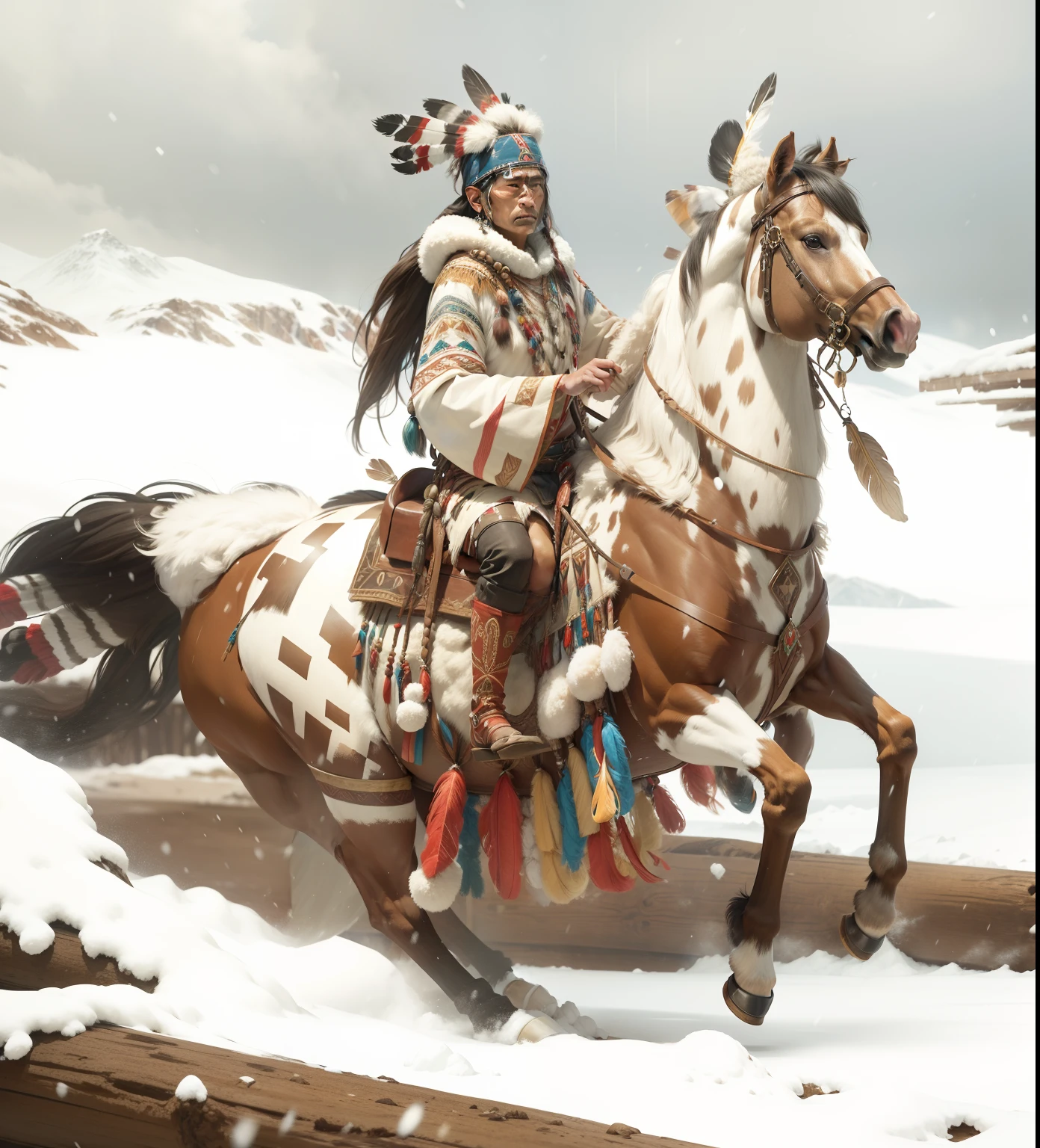 One Native American (Native American only 2 human ears, feather head-dress) looking at camera, riding one horse, horse has one head, one face, four legs, two ears, four hooves, one tale, snowy background scene photo-realism, 24k resolution, hyperdetailed in the style of Doolittle