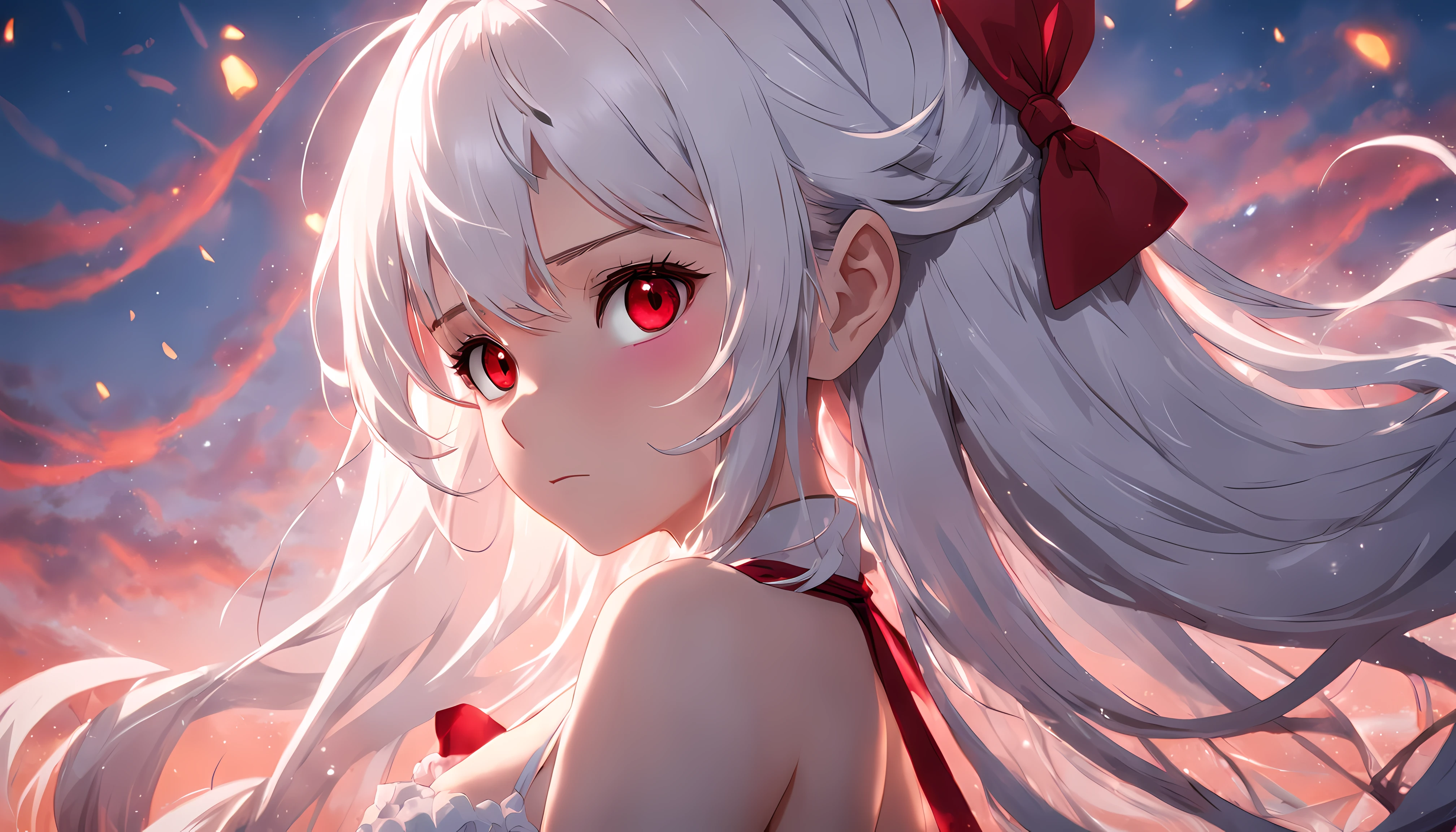 movie still, ((Best quality, 8k, Masterpiece: 1.3)), Sharp focus: 1.2, 1.4, Slim abdomen: 1.2, long white hair, red eyes, big red bow tie on head,  Wet body: 1.1, Highly detailed face and skin texture, sexy, Detailed eyes, floating in the sky, close-up, bright, happy, warm soft lighting, sunset, (sparks:0.7)