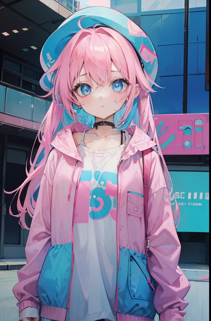 light pink colored hair，Powder-blue pupils，Clothes with pink and blue patterns，Fair and flawless sweet girl