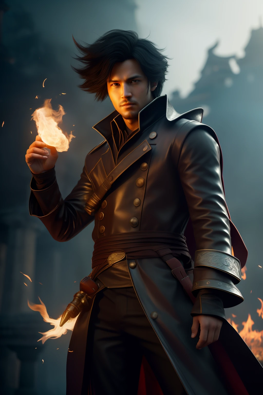 ((Best Quality)), ((Masterpiece)), ((ultra realistis)), Illustration in the style of a person, holding a fireball in his hand against the background of an ancient temple, Casting a fire spell, looking a viewer, black - haired mage, Swashbuckler, age 30 years, Glowing Eyes Fire Spell, The fire behind him, evil male sorcerer (windswept dust, detritus: 1.1), volumetric fog, mist, ray traced, z, Transmission of bright light from below, (tmasterpiece) (beste-Qualit) (Detailed) (8K) (电影灯光) (sharp-focus)