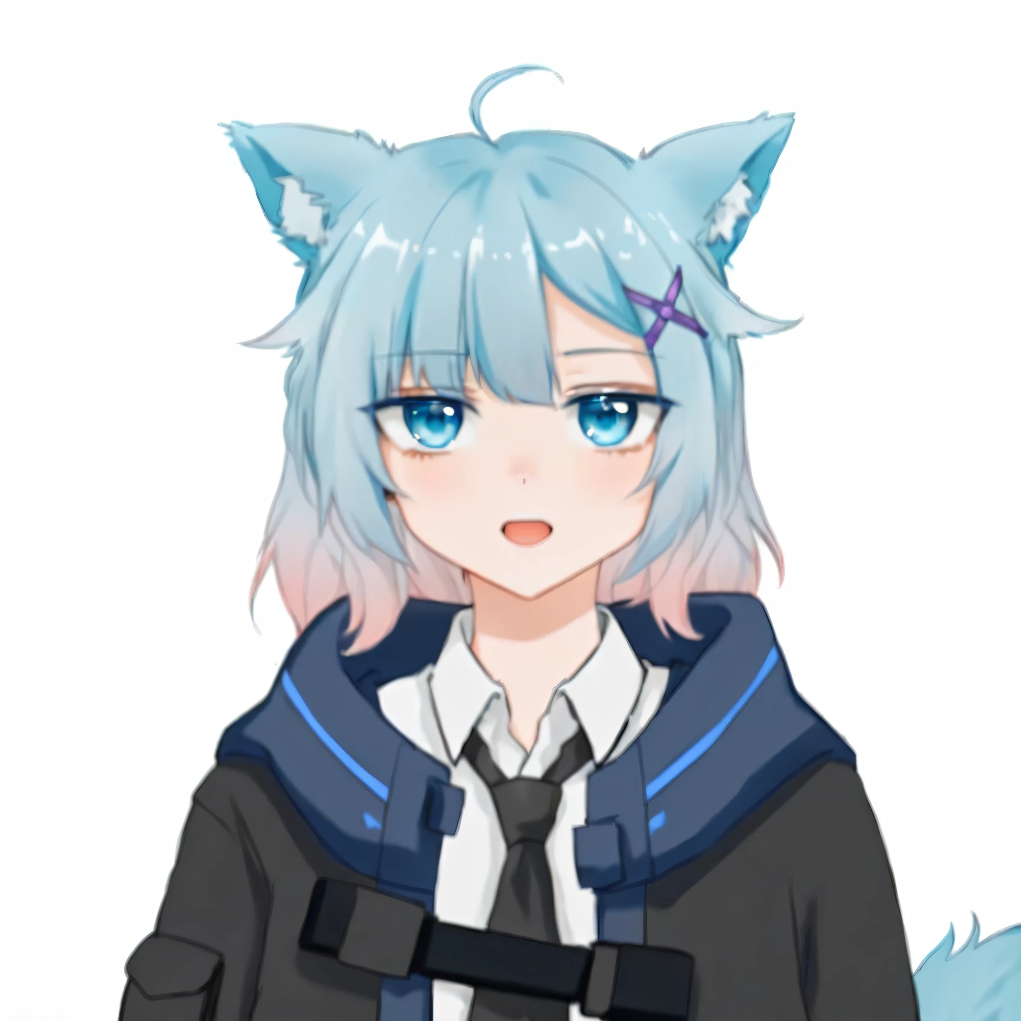 Anime girl with blue hair and blue eyes in a black jacket, anime moe art style, anime catgirl, cute anime catgirl, live2d virtual youtuber model, anime girl with cat ears, anime style character, beautiful anime catgirl, anime cat, Holo is a wolf girl, in an anime style, In anime style, nyaruko-san