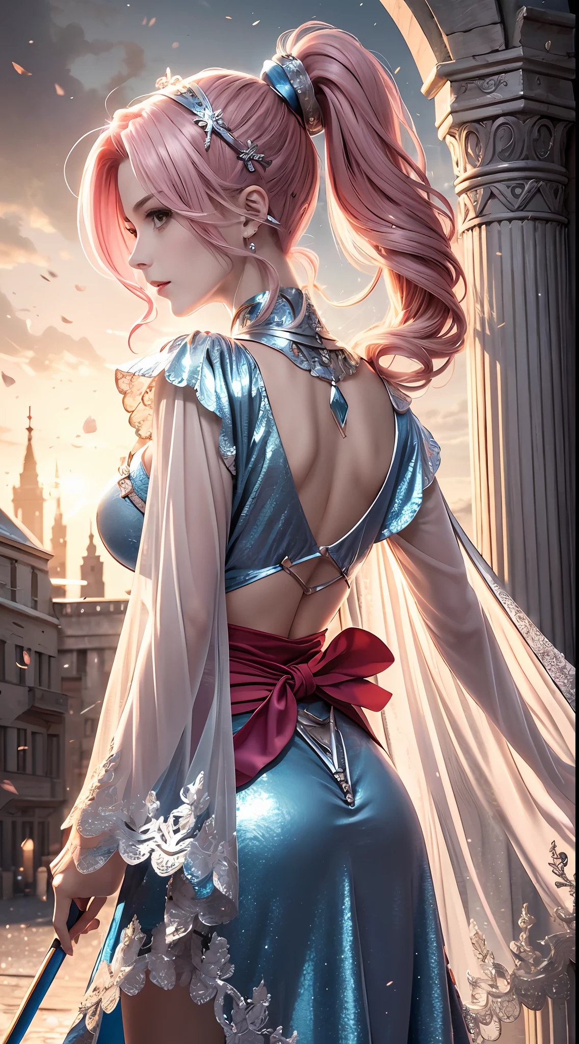 A pink-haired,woman,High ponytail hairstyle with blue headband,Sharp eyes,The expression is fierce,Silver metallic armor luster,Bright red tulip pattern cape,A spear slanted on the back,The spearhead is shining silver,Background in front of magnificent city walls,Ultra HD 16k illustration