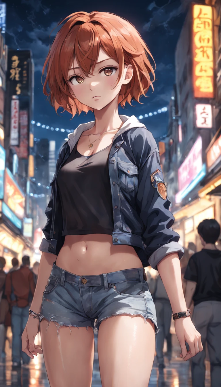 ((mediuml breasts, tomboy girls, small head)),  (chiseled abs : 1.1), (perfect body : 1.1), (wavy short hair : 1.2) , auburn hair, collar, chain, full-body shot, crowded street, wearing black tanktop, jeans jacket, ((shorts)), (extremely detailed CG 8k wallpaper), (an extremely delicate and beautiful), (巨作), (Best Quality:1.0), (ultra highres:1.0),  beautiful lighting ,perfect lightning, realistic shadows, [highres], detailed skin, A highly detailed (((Colored)))