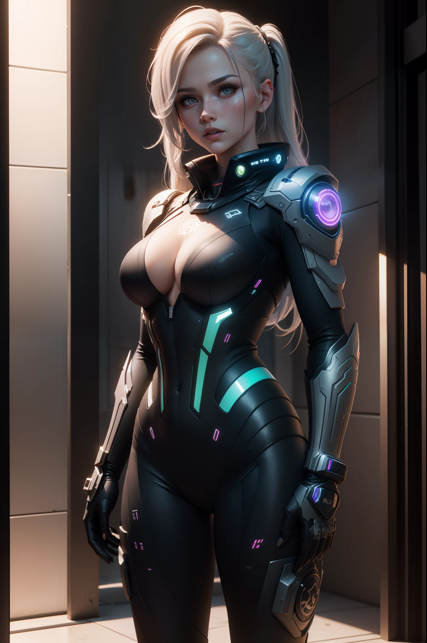 ((Best quality)), ((masterpiece)), (detailed:1.4), 3D, an image of a beautiful cyberpunk female,HDR (High Dynamic Range),Ray Tracing,NVIDIA RTX,Super-Resolution,Unreal 5,Subsurface scattering,PBR Texturing,Post-processing,Anisotropic Filtering,Depth-of-field,Maximum clarity and sharpness,Multi-layered textures,Albedo and Specular maps,Surface shading,Accurate simulation of light-material interaction,Perfect proportions,Octane Render,Two-tone lighting,Wide aperture,Low ISO,White balance,Rule of thirds,8K RAW,