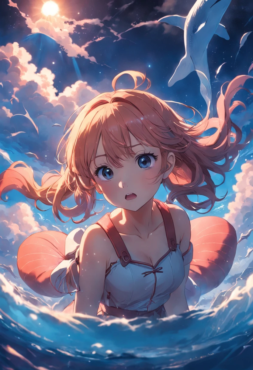 tmasterpiece,best qualtiy,cinematic Film still from,1girl,clouds,whales,teens girl,Floating in the sky,closeup cleavage,brightly,cheerfulness,Warm and soft lighting,the sunset,(spark of light:0.7)