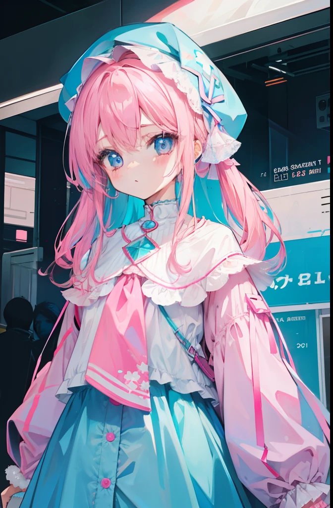 light pink colored hair,Powder-blue pupils,Clothes with pink and blue patterns,Fair and flawless sweet girl