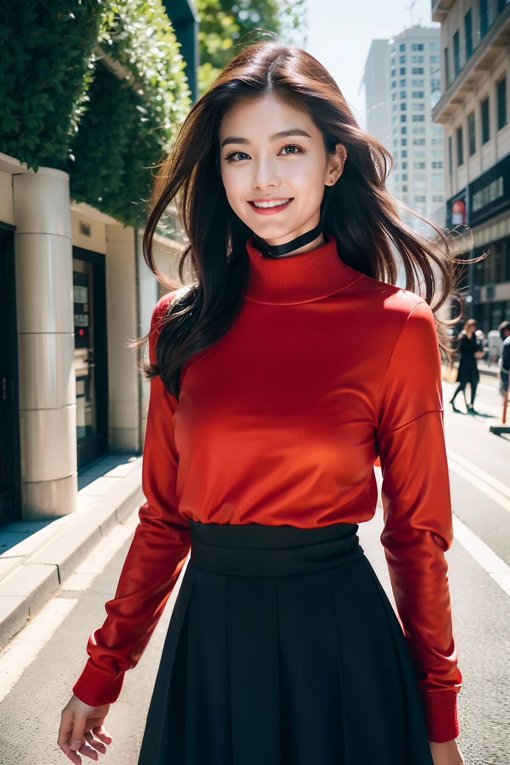 （8K分辨率，Photos above the knee in the distance，offcial art，Cover of a，（FashionMagCover：1.4），attention-grabbing，Title font，Catchy，The title is larger，More eye-catching，modern day），（1womanl，20yr old，（Facial features of Thai Min：1.8，s delicate face），Lovely face，com rosto detalhado，详细的脸，Jet-black slightly curly hair，（Fluffy and messy, with layers），Redlip，Fair smooth skin，（Fashionable casual womenswear：1.4，Black choker，blue skirts，（sleevelessdress（thin and light，breathable），pleatedskirt（obi strip，Delicate satin），Cardigans，Short waist long version，collared shir，Formal shirts，校服，a skirt，Loose tie，plaid skirts，black lence stockings），Tall and tall，walk，Embrace nature，perfect hand，Ultra-fine clothing material），（Background in the city，Exquisite environmental details，MagazineCover：1.4），（exhilarated，confident smile，Rejoice），（Cover typography，profesional lighting，动态照明），（（Strong color contrast，（black in color，blue colors，red colour））），（Golden section，Cover of a，Hasselblad photograp，tmasterpiece：1.3），（trendsetting，focus-on，vogue cover，Dynamic street art，Art platform）