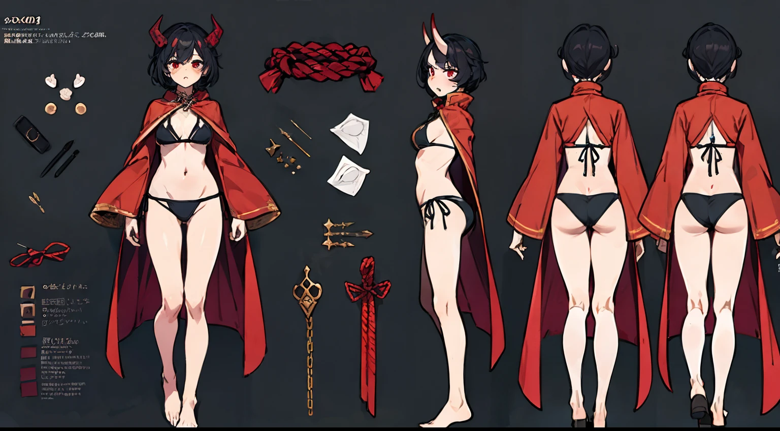 ((tmasterpiece)),(((best qualtiy))),(CharacterDesignSheet,Same role,frontage,Lateral face,on back),1 female demon,独奏,Short black hair,tiny horns,buck teeth,red eyes,tmasterpiece,best qualtiy,looking around a corner,full bodyesbian,Height 160cm,A detailed,Bikini costume with cape,Red rope,Chain as an accessory,charturnbetalora,concept-art,concept art of character,Character sketches,reference sheet,Role table,(simplebackground,white backgrounid: 1.3)