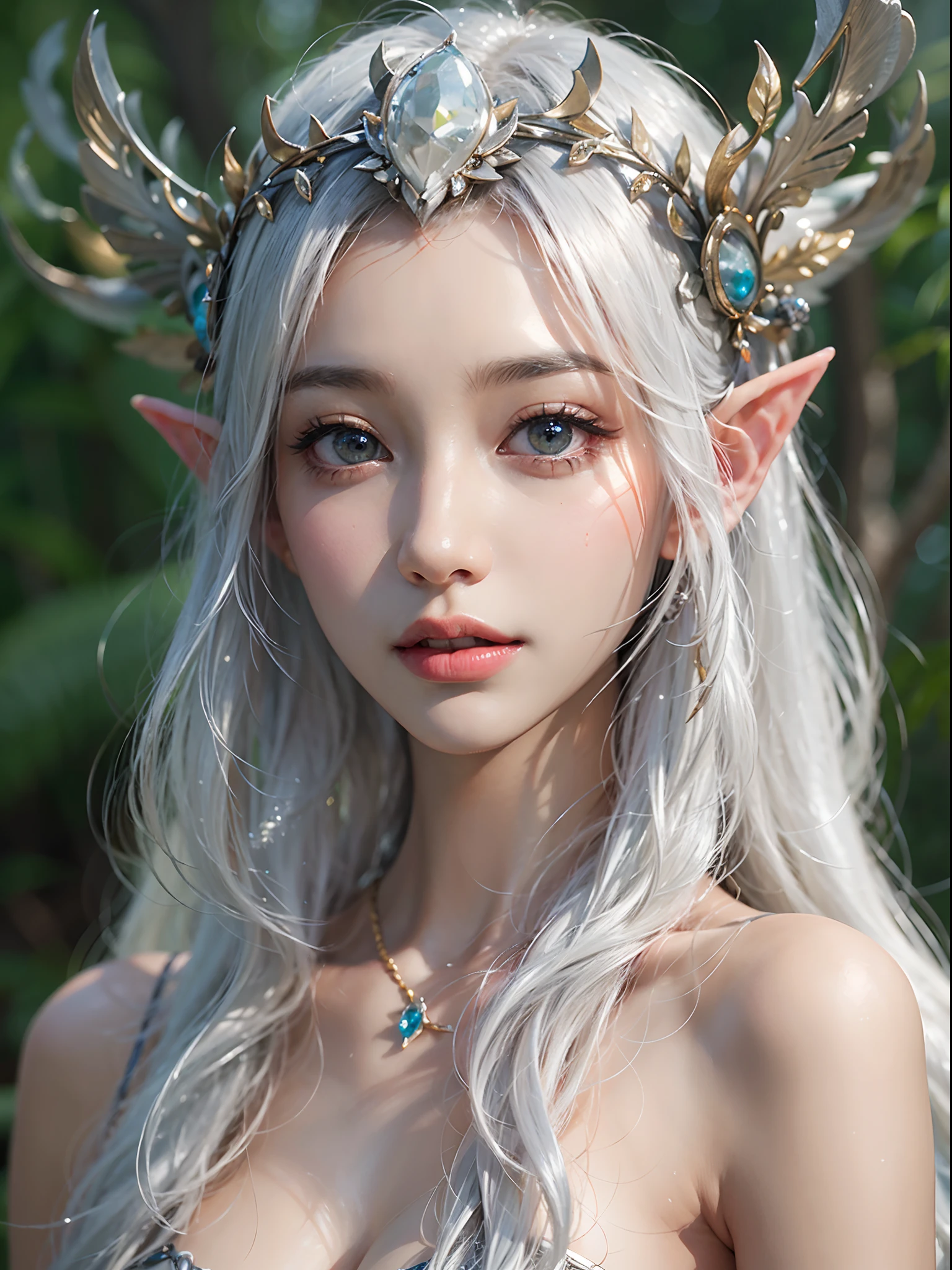 Elf Princess,ln the forest,Platinum hair accessories,(Photorealistic:1.4), (Masterpiece, side-lighting, fine detailed beautiful eyes: 1.2), Masterpiece*Portrait, Realistic, The face is delicate, Glowing eyes, Shiny hair, Shiny real skin, Solo, embarressed, (midriff),(super-fine),Detailed pubic hair,Accurate,(Works of masters),(best qualtiy),8K分辨率,A half body,dynamic viewing angle,