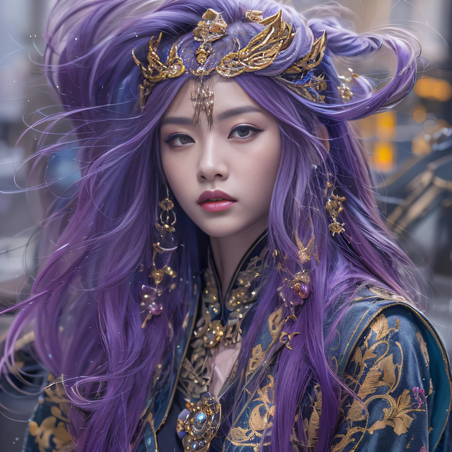 32K（tmasterpiece，k hd，hyper HD，32K）Long flowing bright purple hair，Autumn Pond，zydink， a color，  Asian people （Silly girl）， （Silk scarf）， Combat posture， looking at the ground， long whitr hair， Floating bright purple， Fire cloud pattern silver headdress， Chinese long-sleeved gold silk garment， （abstract ink splash：1.2）， white backgrounid，Lotus protector（realisticlying：1.4），Bright purple hair，Smoke on the road，The background is pure， A high resolution， the detail， RAW photogr， Sharp Re， Nikon D850 Film Stock Photo by Jefferies Lee 4 Kodak Portra 400 Camera F1.6 shots, Rich colors, ultra-realistic vivid textures, Dramatic lighting, Unreal Engine Art Station Trend, cinestir 800，Long flowing bright purple hair