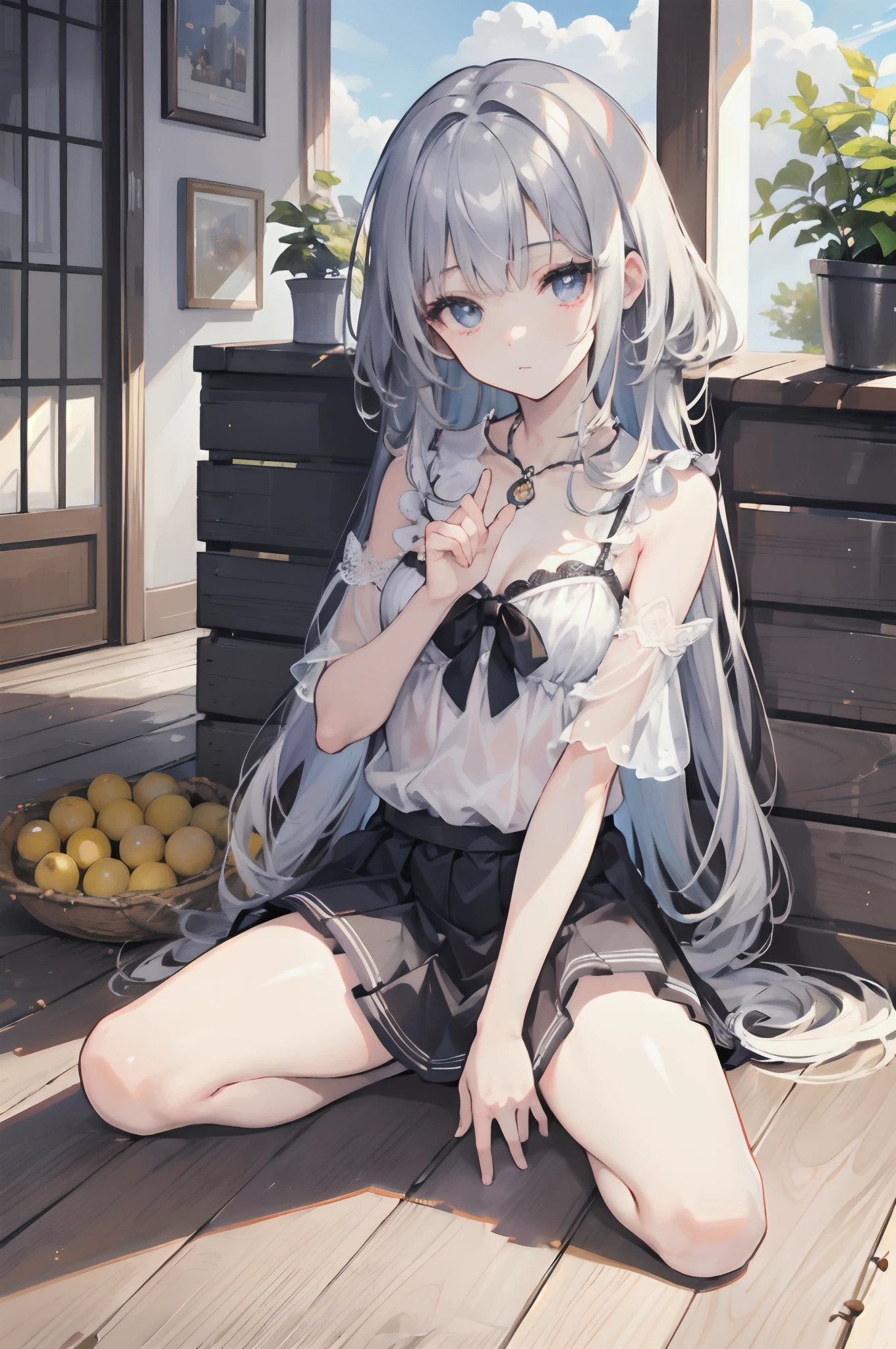 ((Masterpiece)),(((Best quality))),(k hd),bright sun,ray traycing,1girll,chiquita,Gray broken hair,floated hair,(Superbly detailed eyes),Collar,Deep V open collar,Superskirt,Sit Pose,Spread your legs slightly