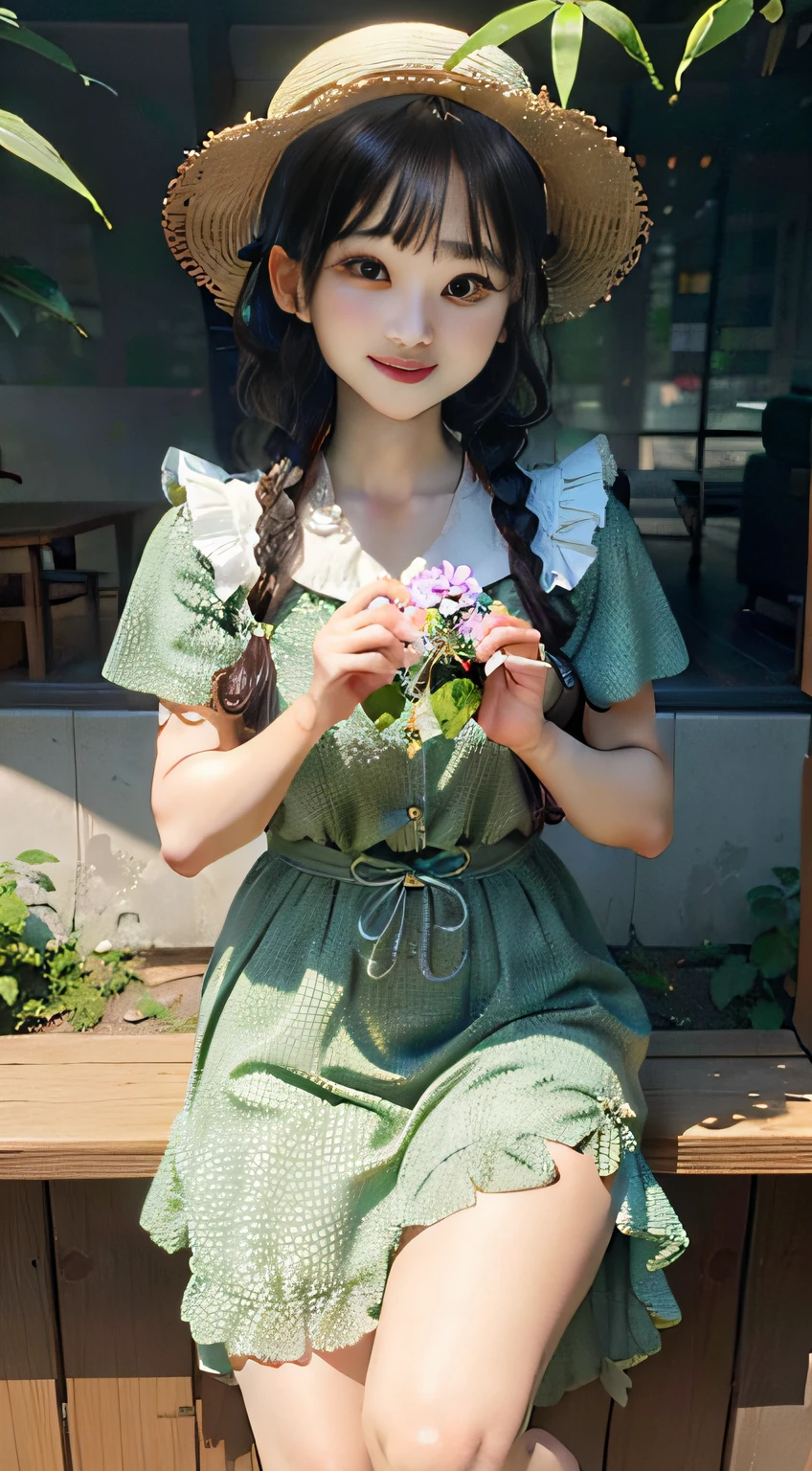 Happy sweet girl,Delicate skin,adolable,Melon seed face,With bangs,With a smile,Wear a green floral dress,Twist braids,The hat has a garland,Late afternoon,The moon is shining((Next to the phoenix bamboo))。The light and shadow are obvious,Dark,exquisite facial features,Dancing on the side,High quality CG,8K分辨率,movie picture quality, holding flower,Weight loss,depth of fields