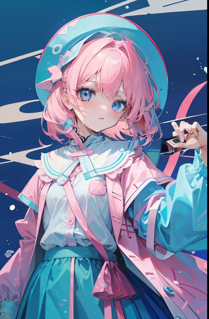light pink colored hair,Powder-blue pupils,Clothes with pink and blue patterns,Fair and flawless sweet li girl