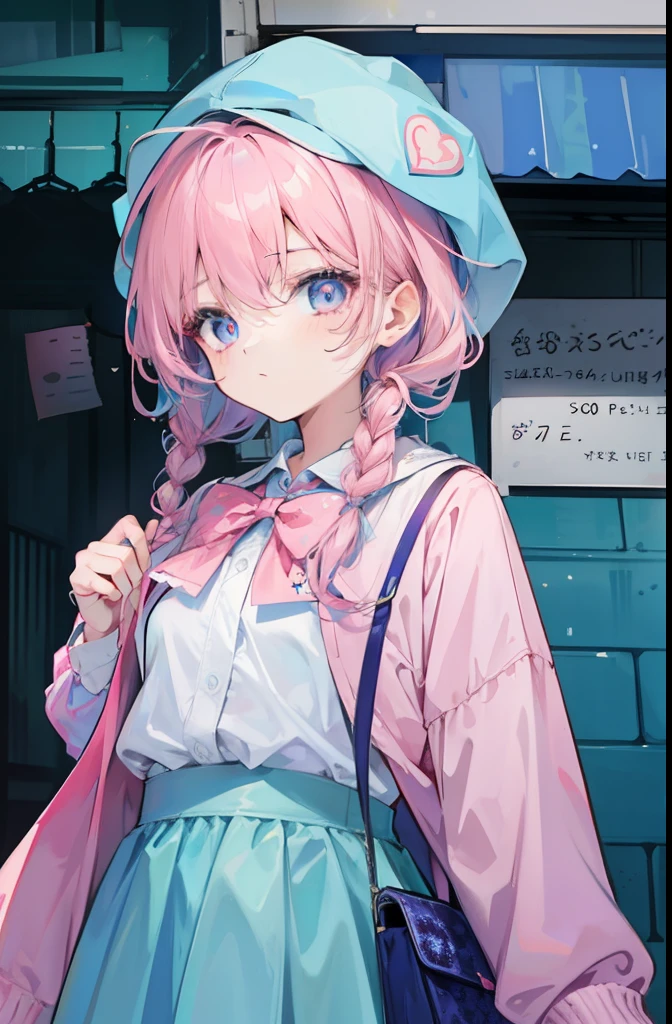 light pink colored hair，Powder-blue pupils，Clothes with pink and blue patterns，Fair and flawless sweet loli girl