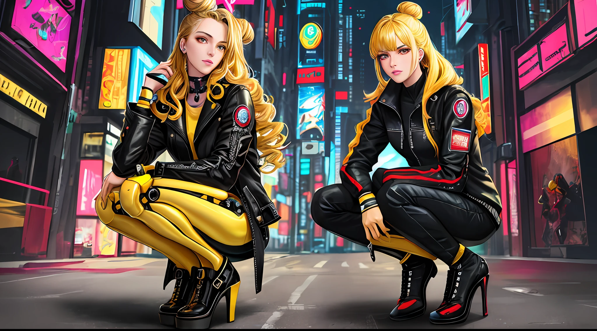 High quality ,Master level,Extreme detail,Delicate features,High resolution,Beautiful lines,a girl,Young woman,tall and slim,shiny skin,Long legs,Mechanical eye prosthesis,ocular prosthesis,Beautiful golden eyes,Bright pupils,Straight bang,shiny clothes,long curly hair,bun,extremely detailed CG,neon lights,cyberpunk city,open the leather jacket,yellow hair,trouser,bodysuit under clothes,High-heeled shoes,full body,looking at the viewer,On tiptoe,Half squat,Mechanical exoskeleton