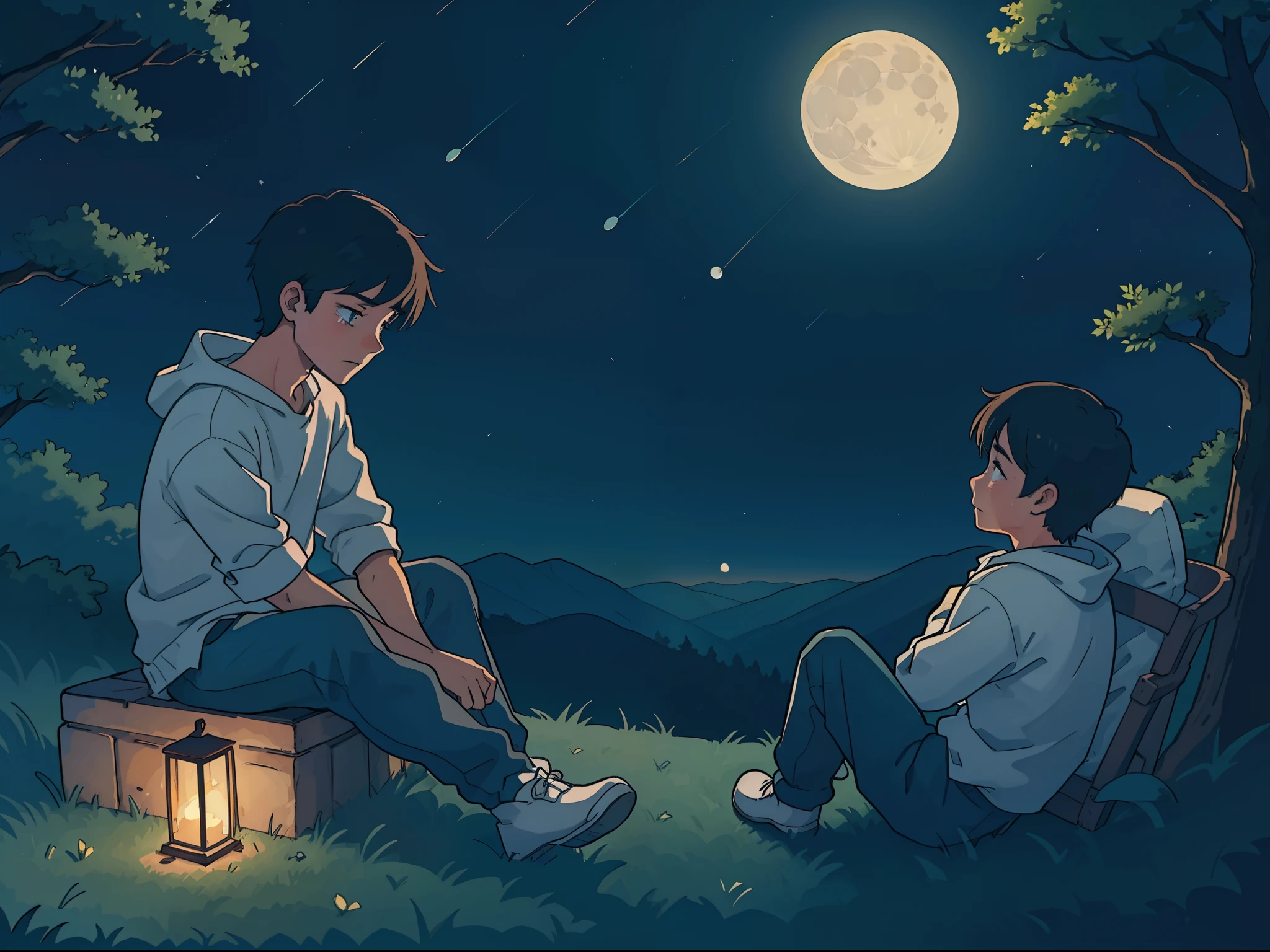A boy is lonely he is sitting at a hill and watching the moon and thiking about his ex and crying
