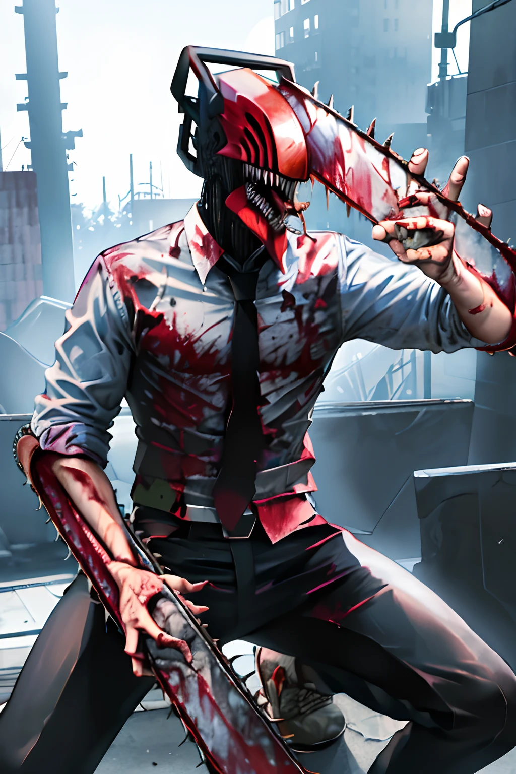 masterpiece, best quality, highres, monster boy, djb, sharp teeth, chainsaw, blood on clothes, blood on weapon, collared shirt, black pants, tongue out,