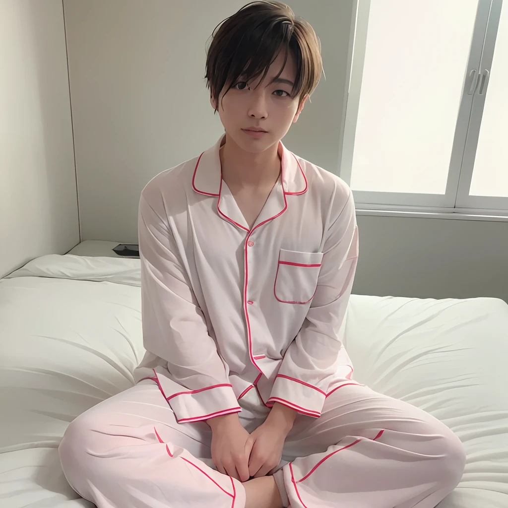 (8K、top-quality、​masterpiece:1.2)、(realisitic、Photorealsitic:1.37)、ultra-detailliert、1 、cute little、独tiful detailed sky、Sleeping in a clean bed、natta、、date、(Nasal blush)、 (A smile:1.15)、(a closed mouth)、Fine and beautiful eyes、(s Pajamas:1.1)、natta、Wet、s Pajamas、Sateen、(short-hair:1.2)、