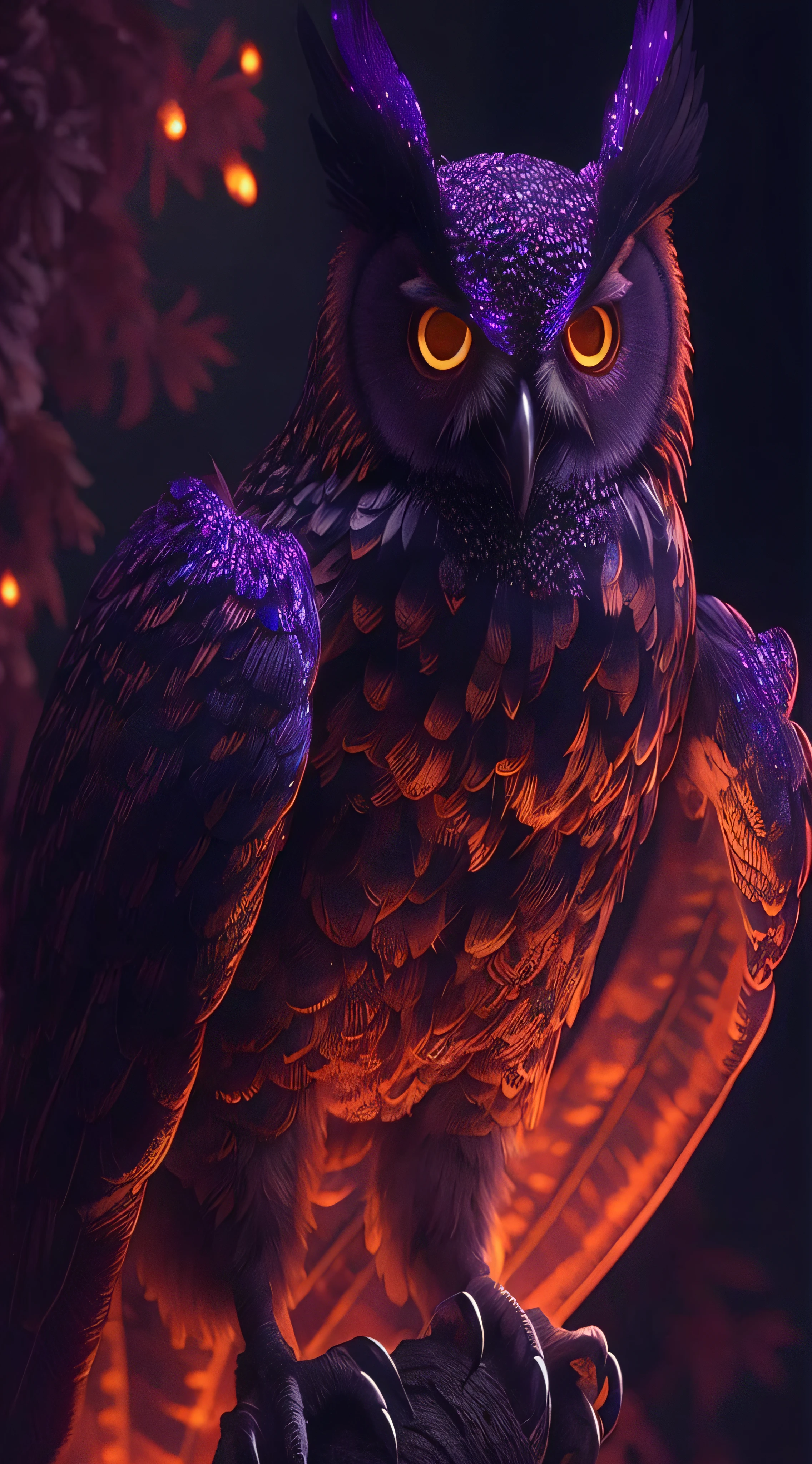 Coruja roxa com olhos brilhantes sentada em um galho no escuro, coruja incandescente, Corujas incandescentes, Coruja Radiante, com olhos roxos brilhantes, grandes olhos brilhantes, alien owl, 8k arte detalhada de alta qualidade, olhos roxos brilhantes, com olhos vermelhos brilhantes, Arte digital escura, mas detalhada, com olhos vermelhos brilhantes, com olhos amarelos brilhantes, Nite - Coruja, olhos brilhantes!! intrincado