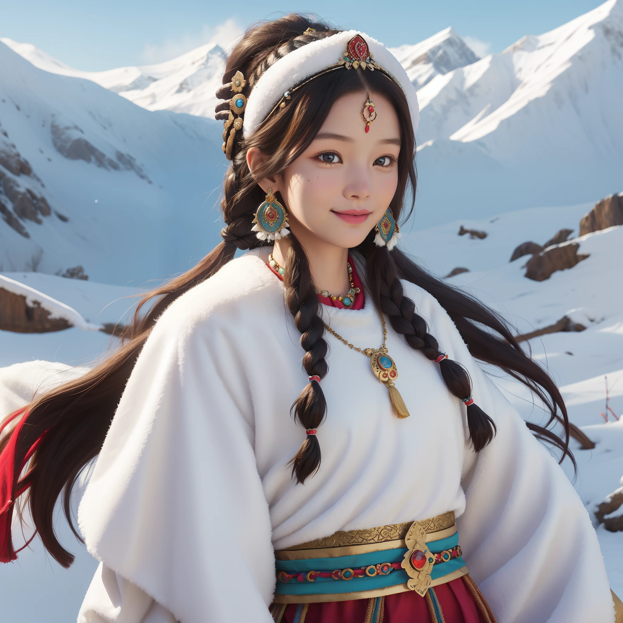 A girl, long braids, Tibetan girl, close-up, slightly raised, smile, left and right body photos, upper body, front photo, Tibetan clothing, colorful clothing, clothes with fluff, white fluff, high-end Tibetan clothing, cumbersome Tibetan clothing design, cold clothing, winter clothing, appearance Yang transcendence, round face shape, gorgeous Tibetan clothing, cumbersome Tibetan necklace, cumbersome Tibetan headdress, colorful headband, real person CG, sweet style, film style, HD 4K, photography effect, studio effect, white halo, Mythical wind, snowfield background, character core, picture ratio 16:9, mask fresh.