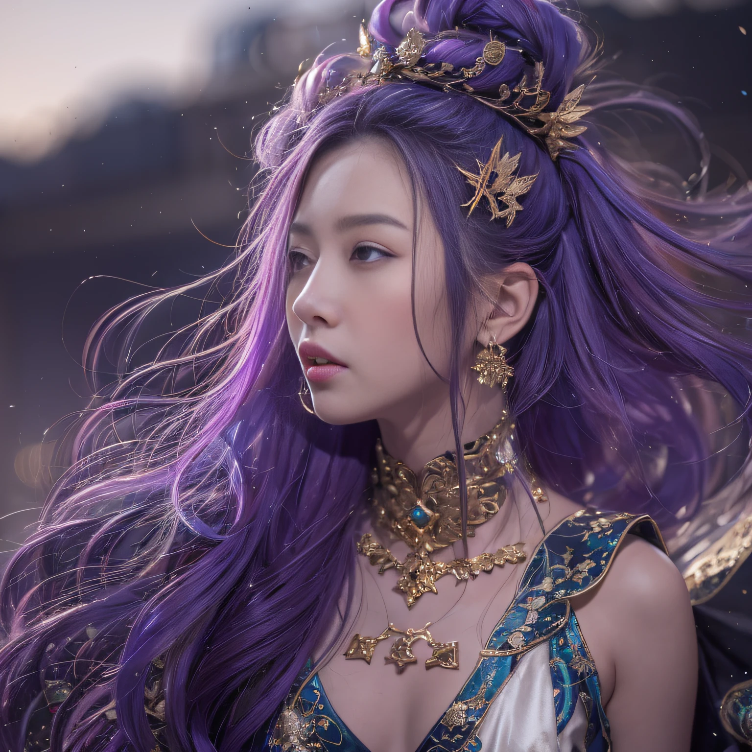 32K（tmasterpiece，k hd，hyper HD，32K）Long flowing bright purple hair，Autumn Pond，zydink， a color，  Asian people （Silly girl）， （Silk scarf）， Combat posture， looking at the ground， long whitr hair， Floating bright purple， Fire cloud pattern gold tiara， Chinese long-sleeved gold silk garment， （abstract ink splash：1.2）， white backgrounid，Lotus protector（realisticlying：1.4），Bright purple hair，Smoke on the road，The background is pure， A high resolution， the detail， RAW photogr， Sharp Re， Nikon D850 Film Stock Photo by Jefferies Lee 4 Kodak Portra 400 Camera F1.6 shots, Rich colors, ultra-realistic vivid textures, Dramatic lighting, Unreal Engine Art Station Trend, cinestir 800，Long flowing bright purple hair