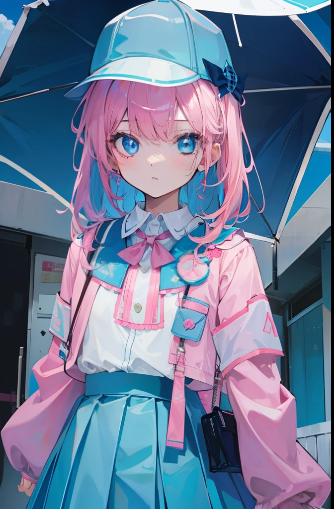 light pink colored hair,Powder-blue pupils,JK uniform and pleated skirt with pink and blue,Fair and flawless sweet girl